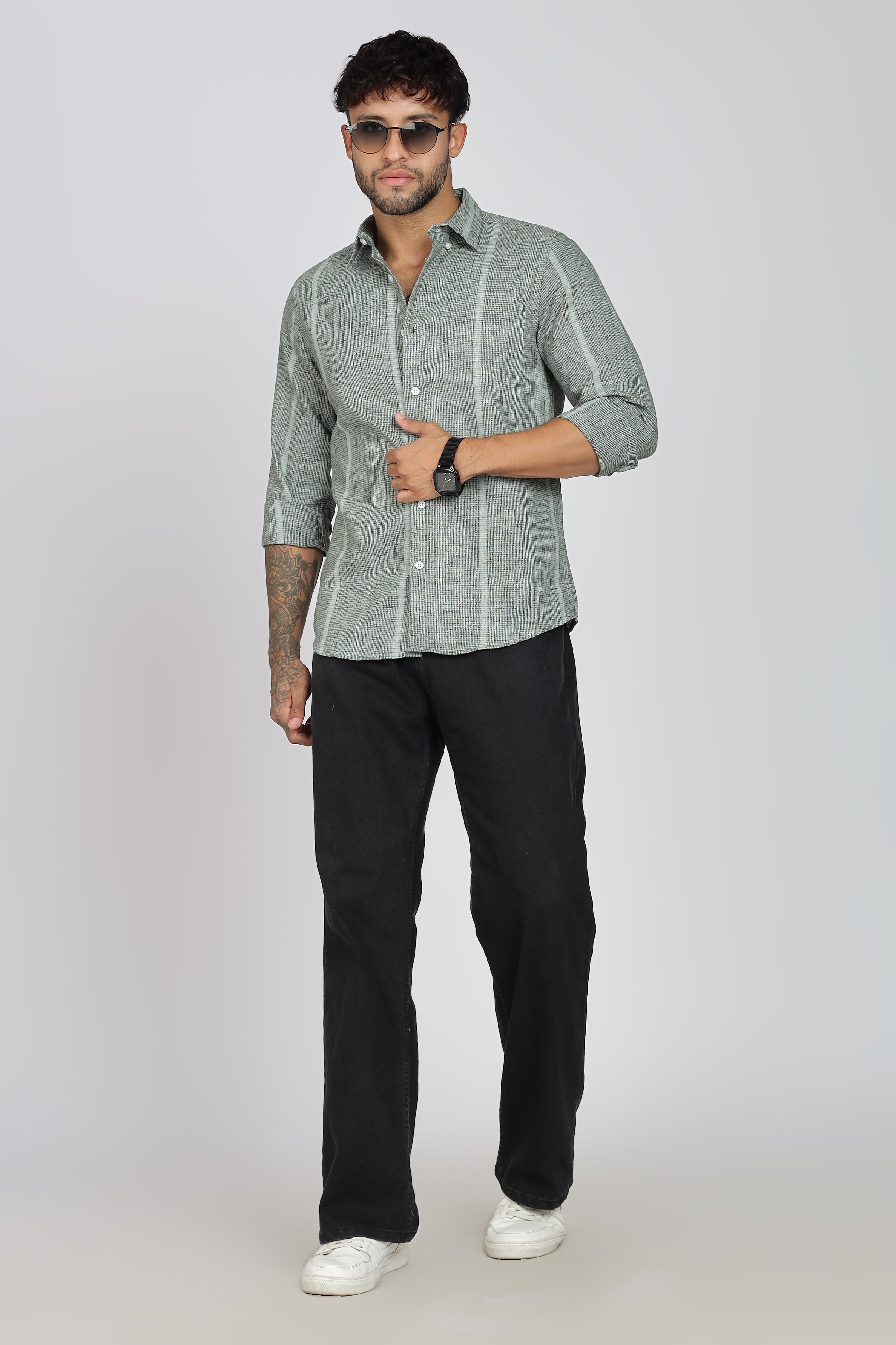 Men's Full Sleeves Stripped Light Green Shirt | Kinitted Fabric | Casual Wear