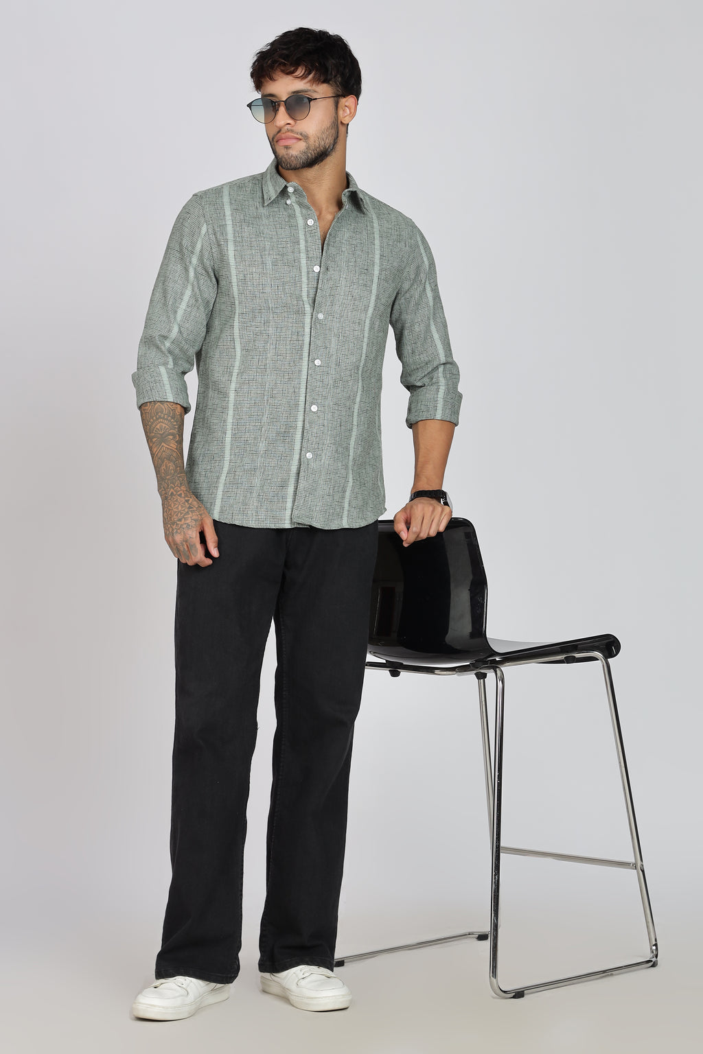 Men's Full Sleeves Stripped Light Green Shirt | Kinitted Fabric | Casual Wear