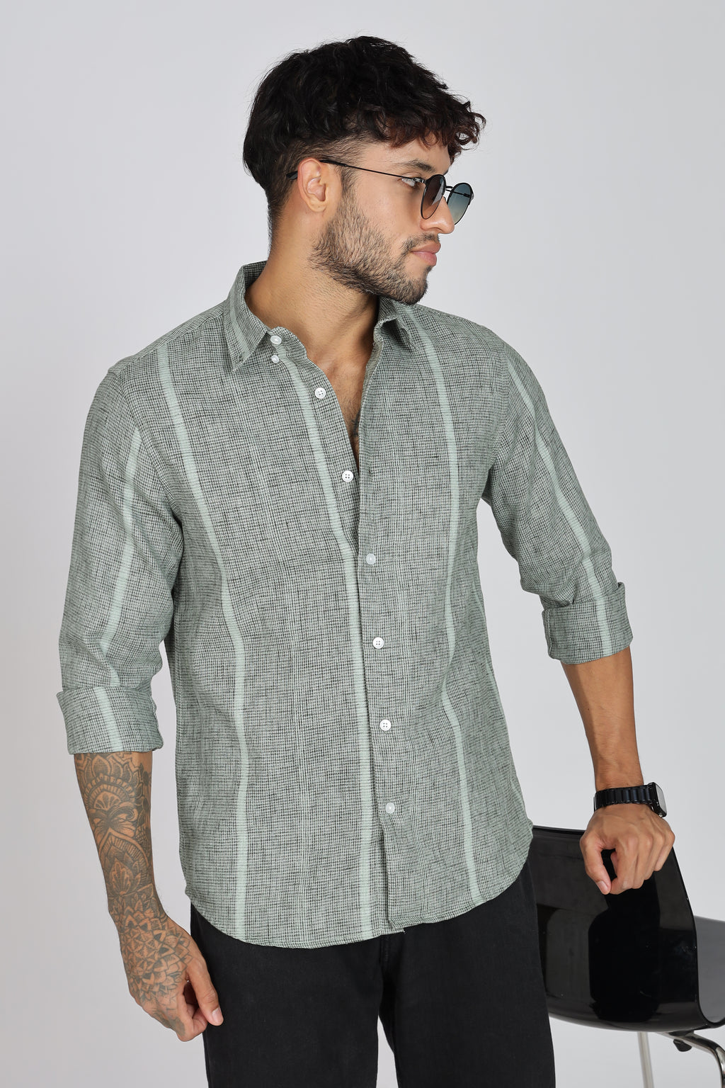 Men's Full Sleeves Stripped Light Green Shirt | Kinitted Fabric | Casual Wear