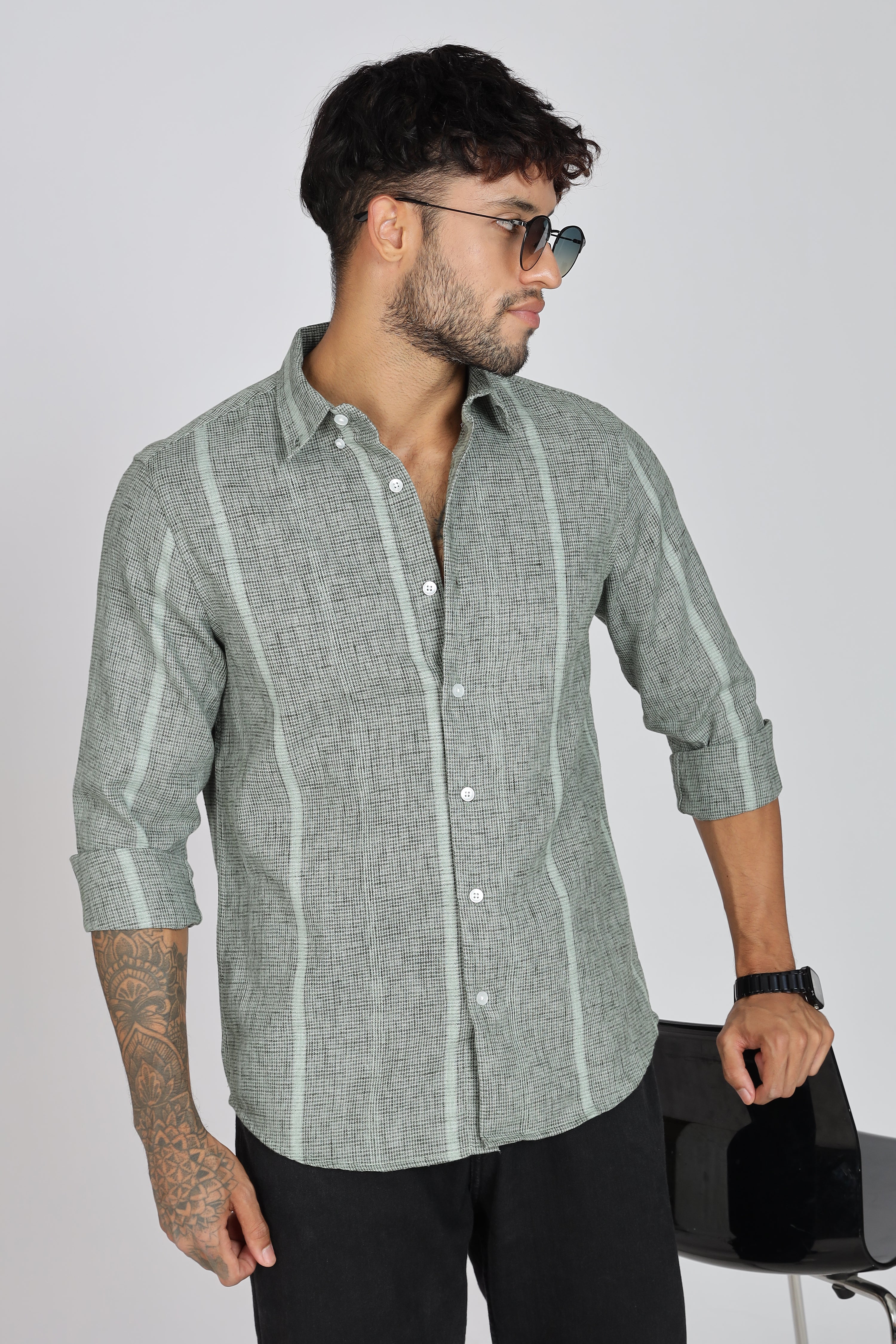 Men's Full Sleeves Stripped Light Green Shirt | Kinitted Fabric | Casual Wear