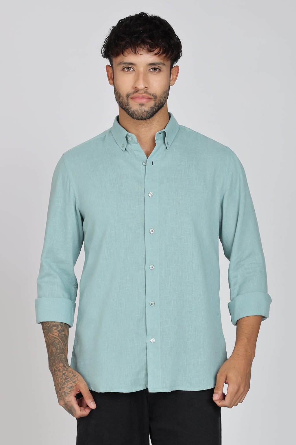 Men's Full Sleeves Plain Sea Green Shirt | Imported Linen Fabric | Club, Formal & Party Wear