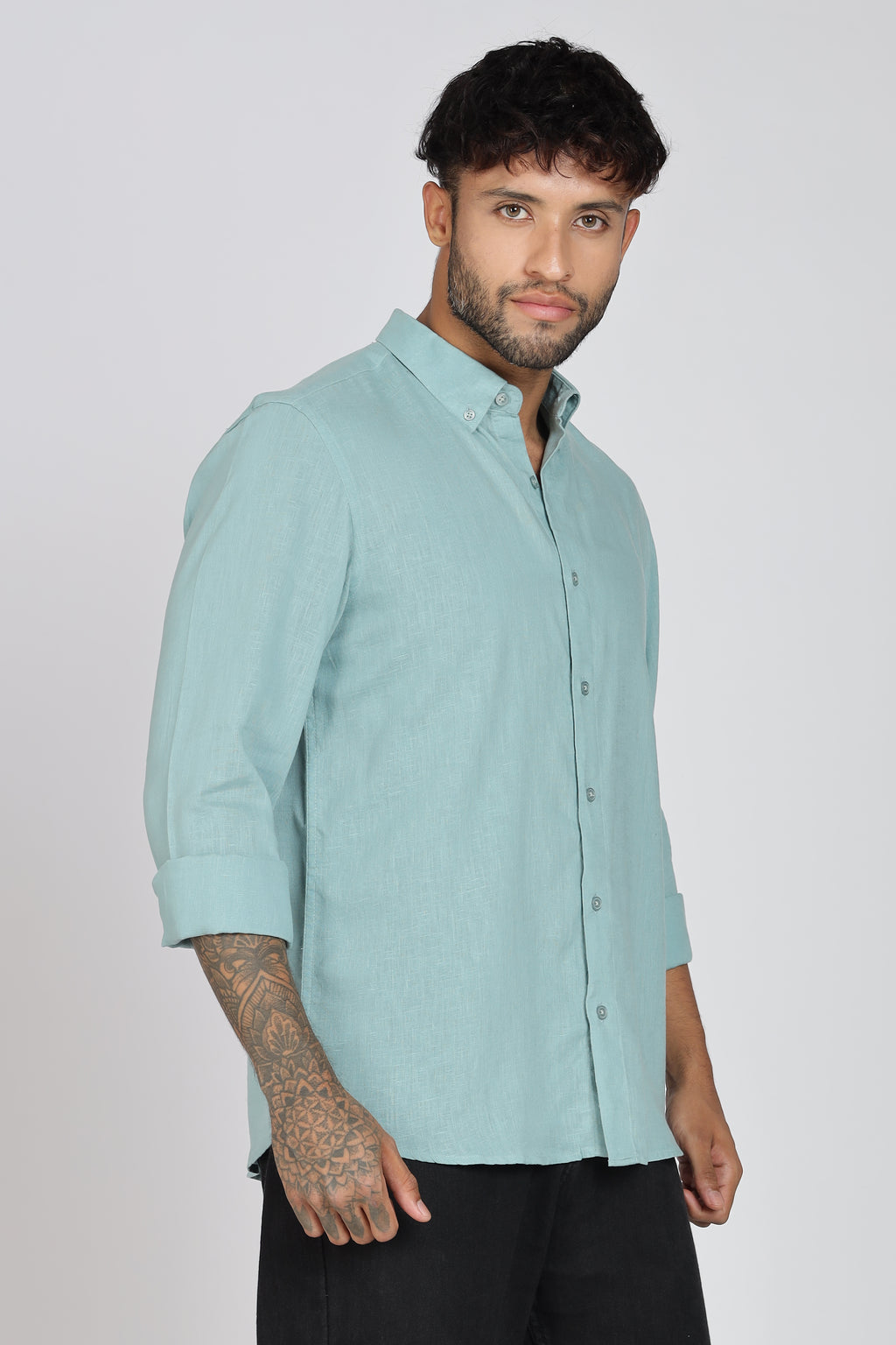 Men's Full Sleeves Plain Sea Green Shirt | Imported Linen Fabric | Club, Formal & Party Wear
