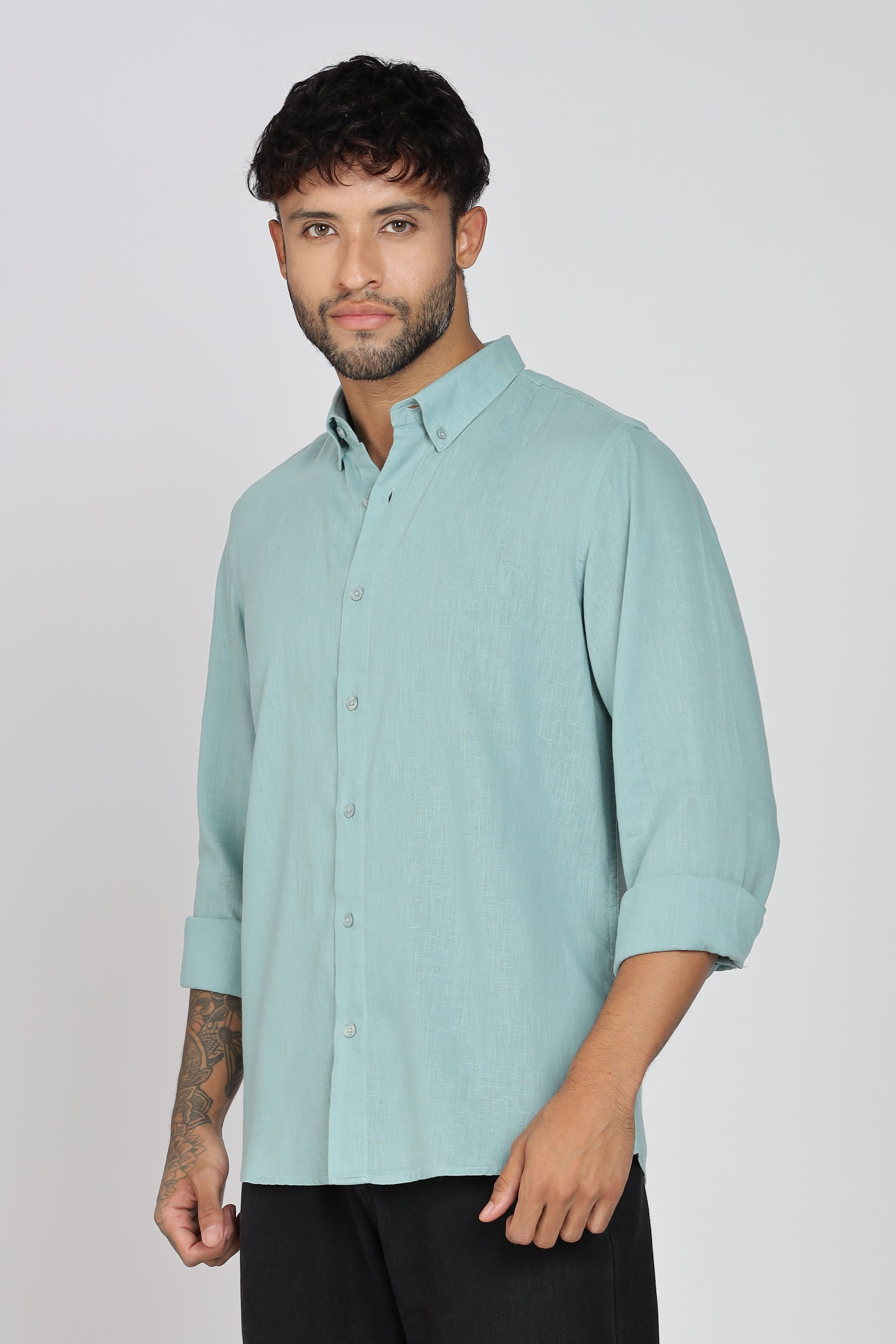 Men's Full Sleeves Plain Sea Green Shirt | Imported Linen Fabric | Club, Formal & Party Wear