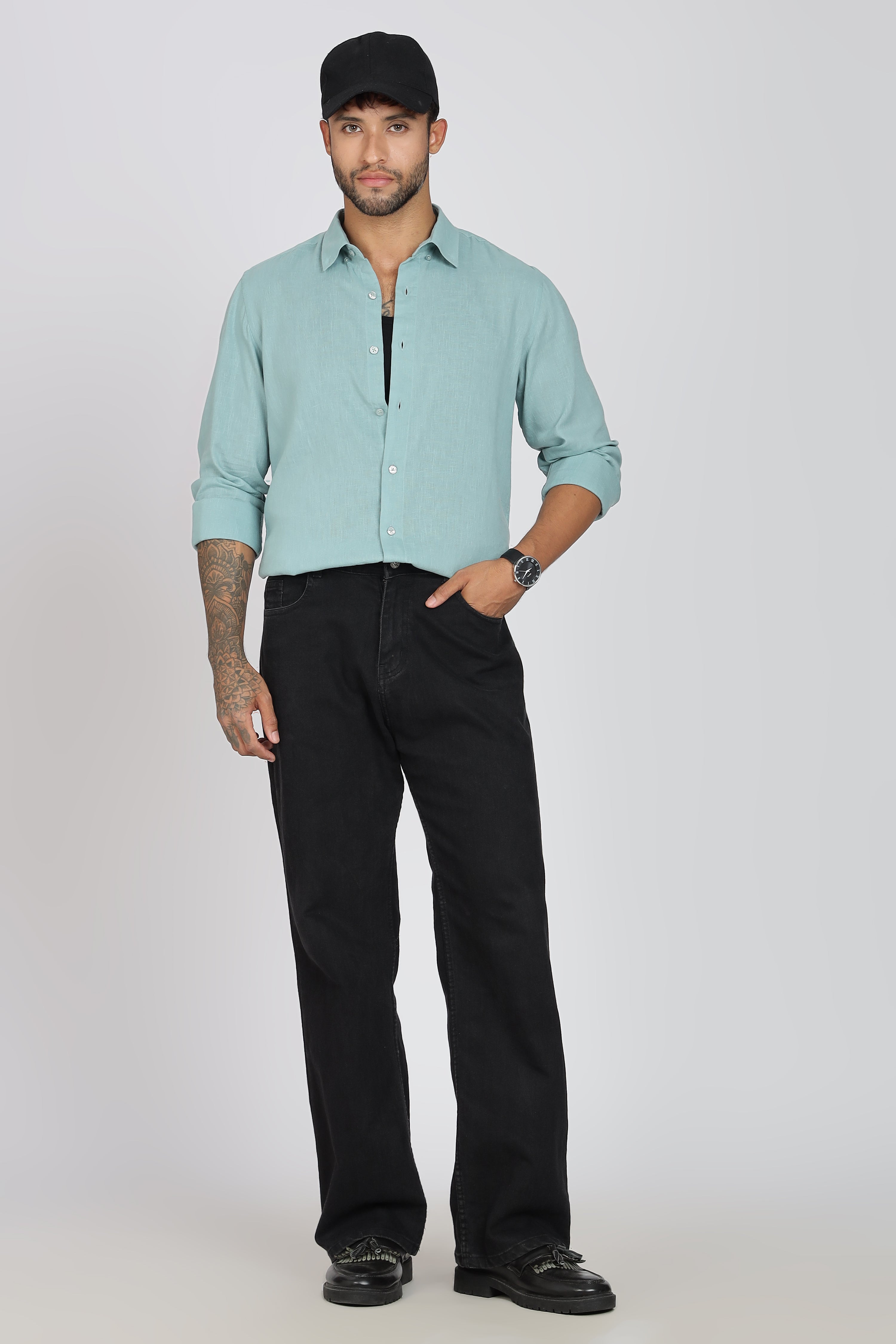Men's Full Sleeves Plain Sea Green Shirt | Imported Linen Fabric | Club, Formal & Party Wear