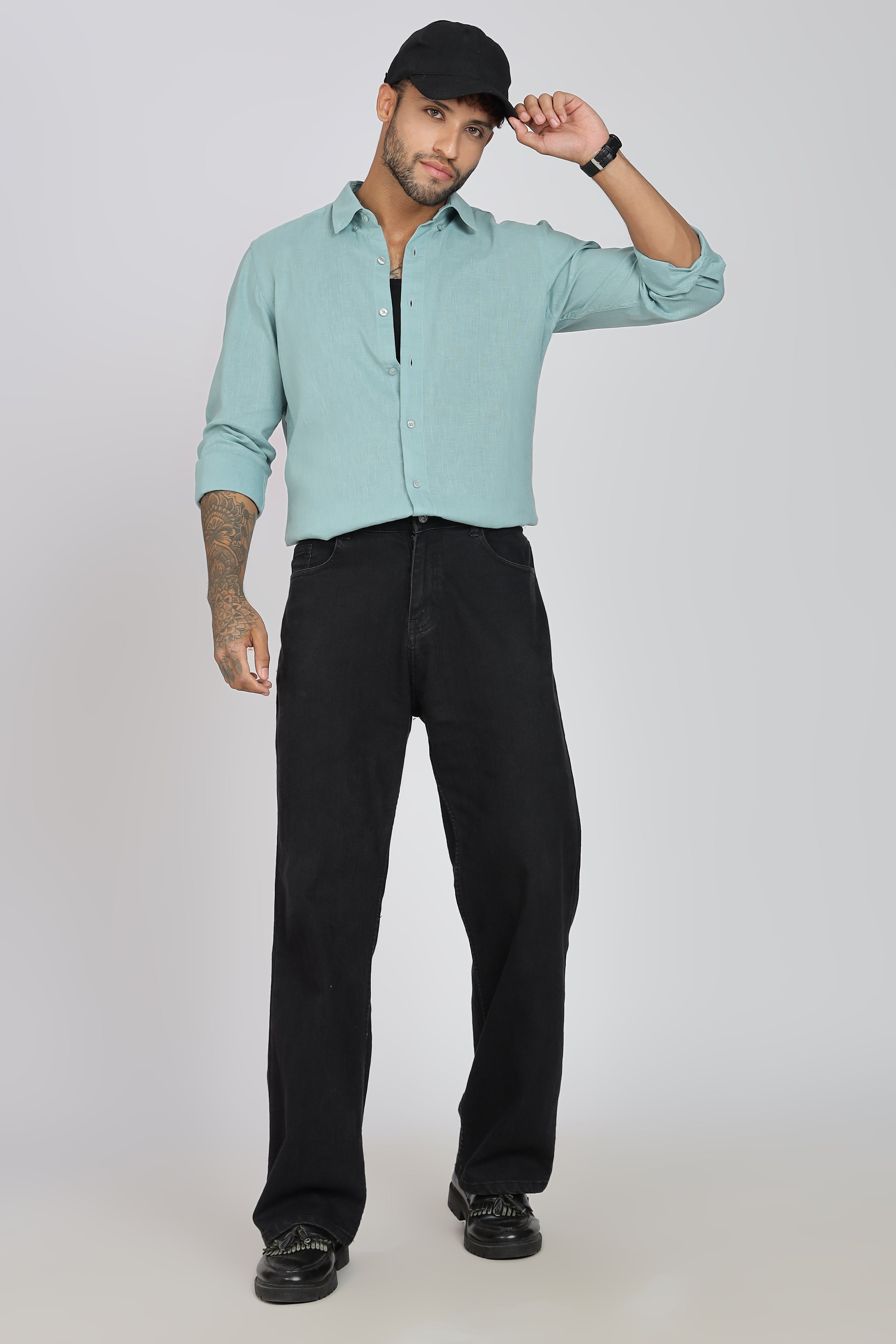 Men's Full Sleeves Plain Sea Green Shirt | Imported Linen Fabric | Club, Formal & Party Wear
