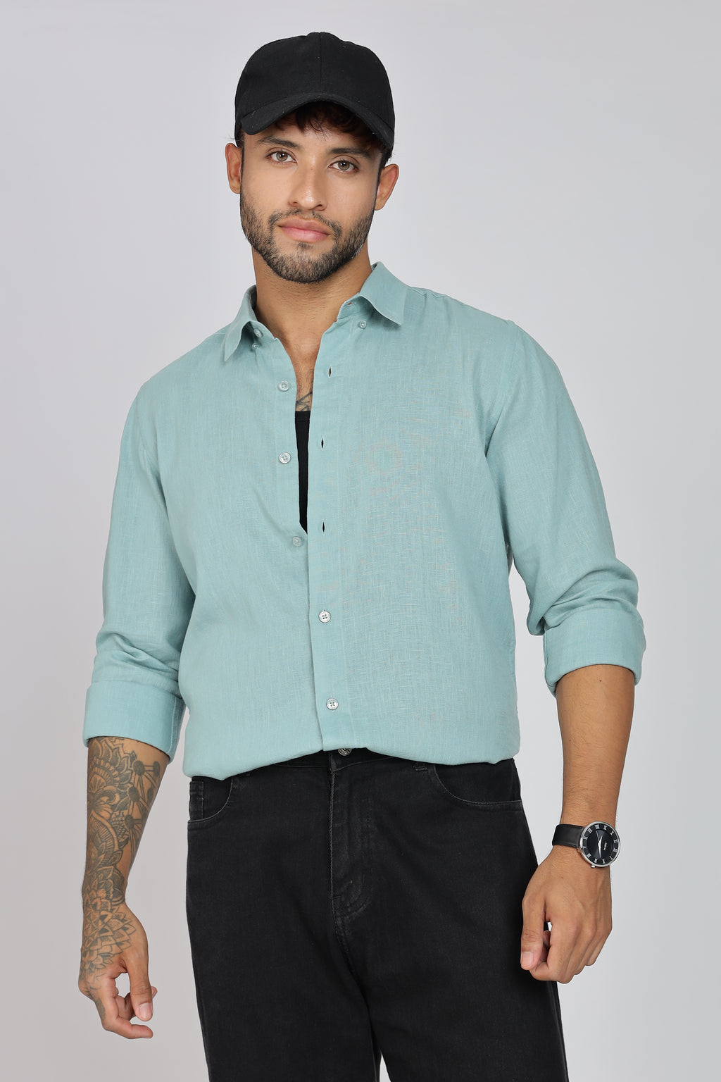 Men's Full Sleeves Plain Sea Green Shirt | Imported Linen Fabric | Club, Formal & Party Wear