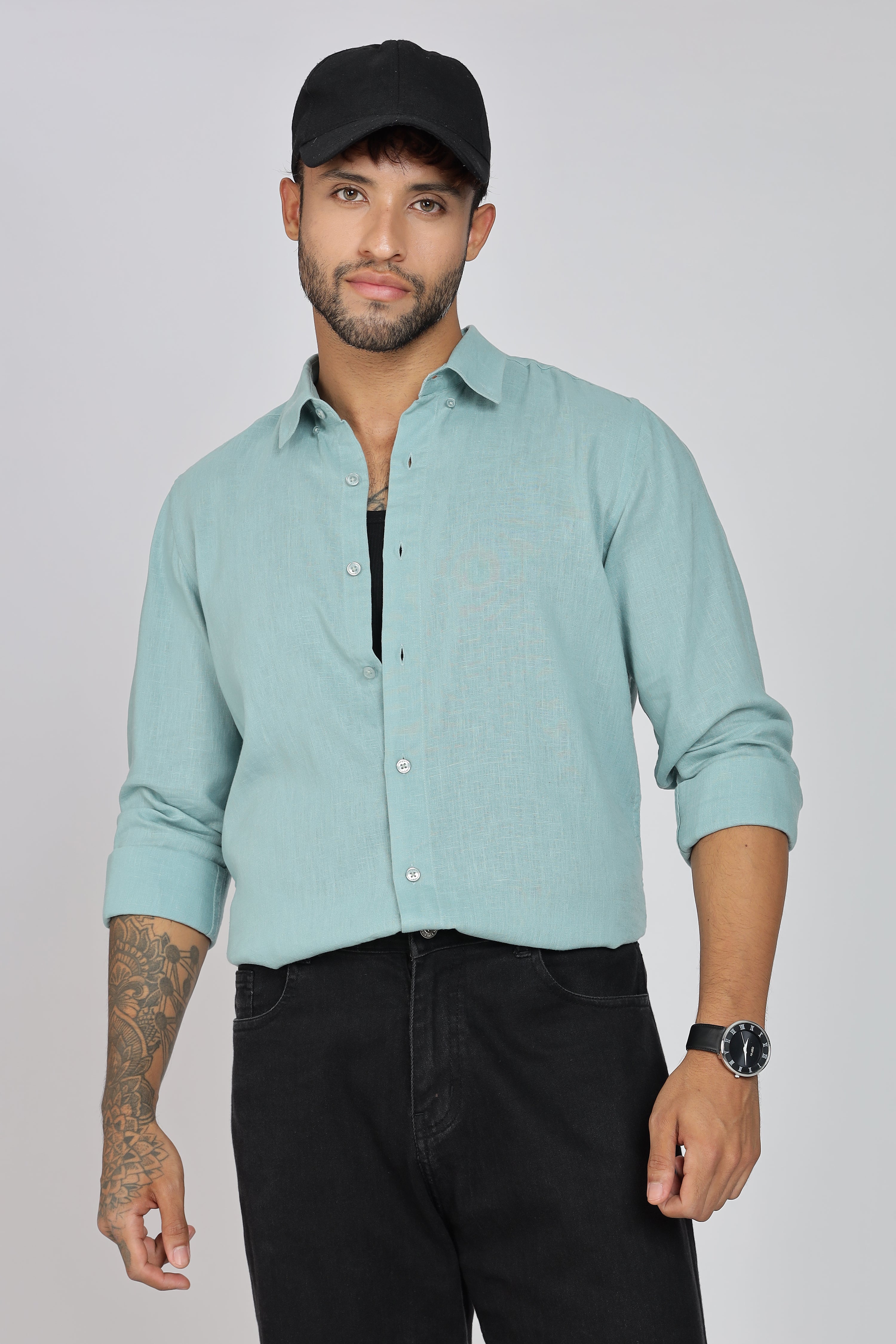 Men's Full Sleeves Plain Sea Green Shirt | Imported Linen Fabric | Club, Formal & Party Wear