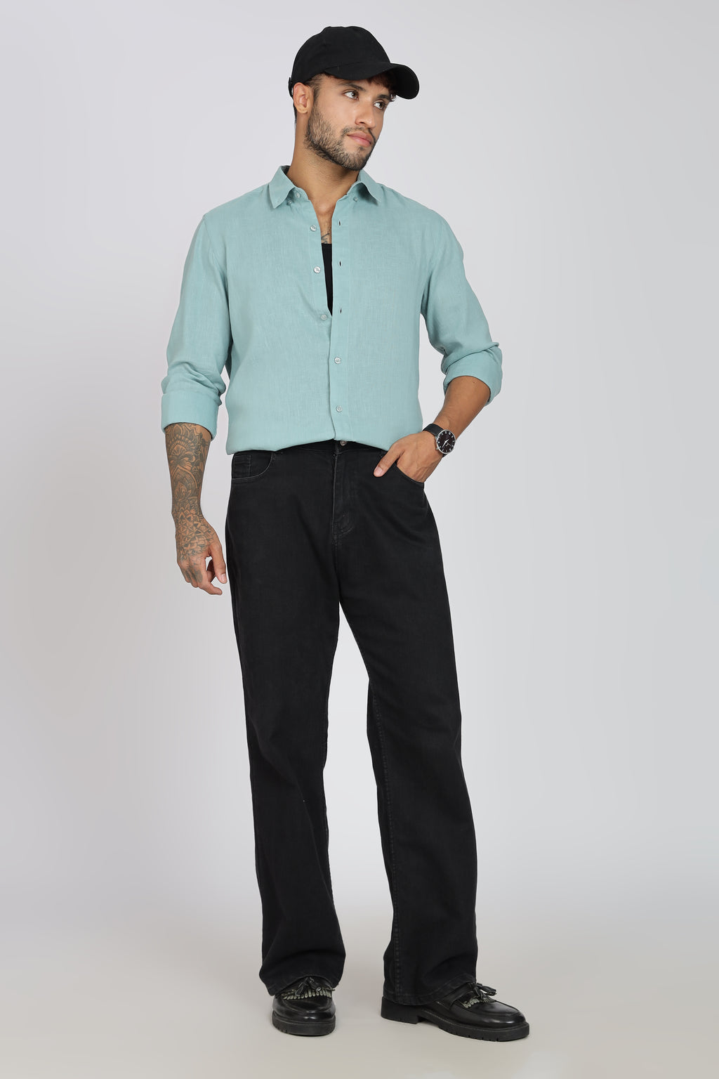Men's Full Sleeves Plain Sea Green Shirt | Imported Linen Fabric | Club, Formal & Party Wear