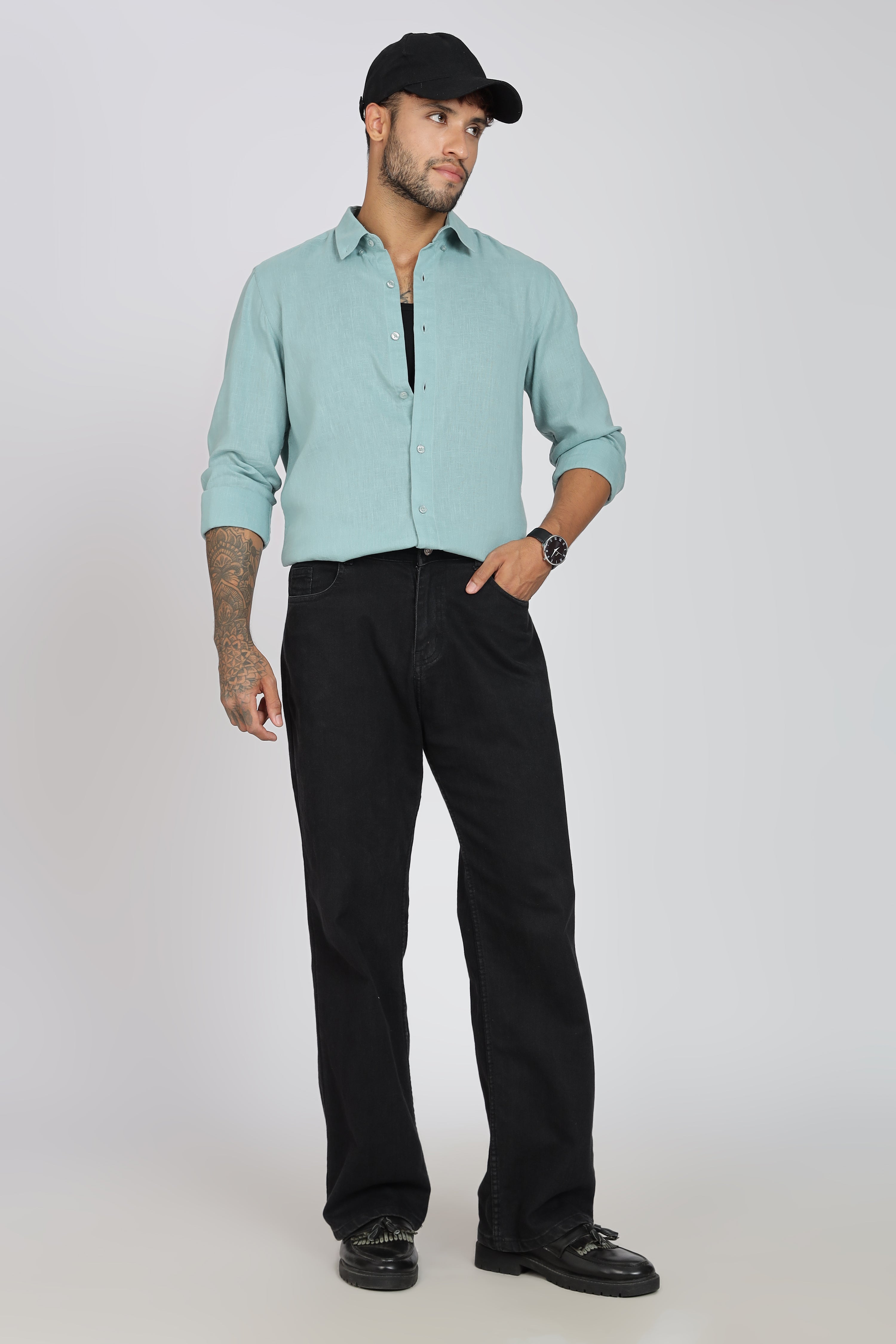Men's Full Sleeves Plain Sea Green Shirt | Imported Linen Fabric | Club, Formal & Party Wear