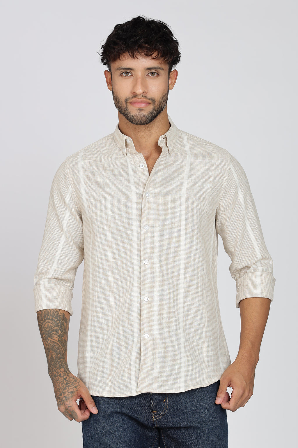 Men's Full Sleeves Stripped Lemon Shirt | Kinitted Fabric | Casual Wear