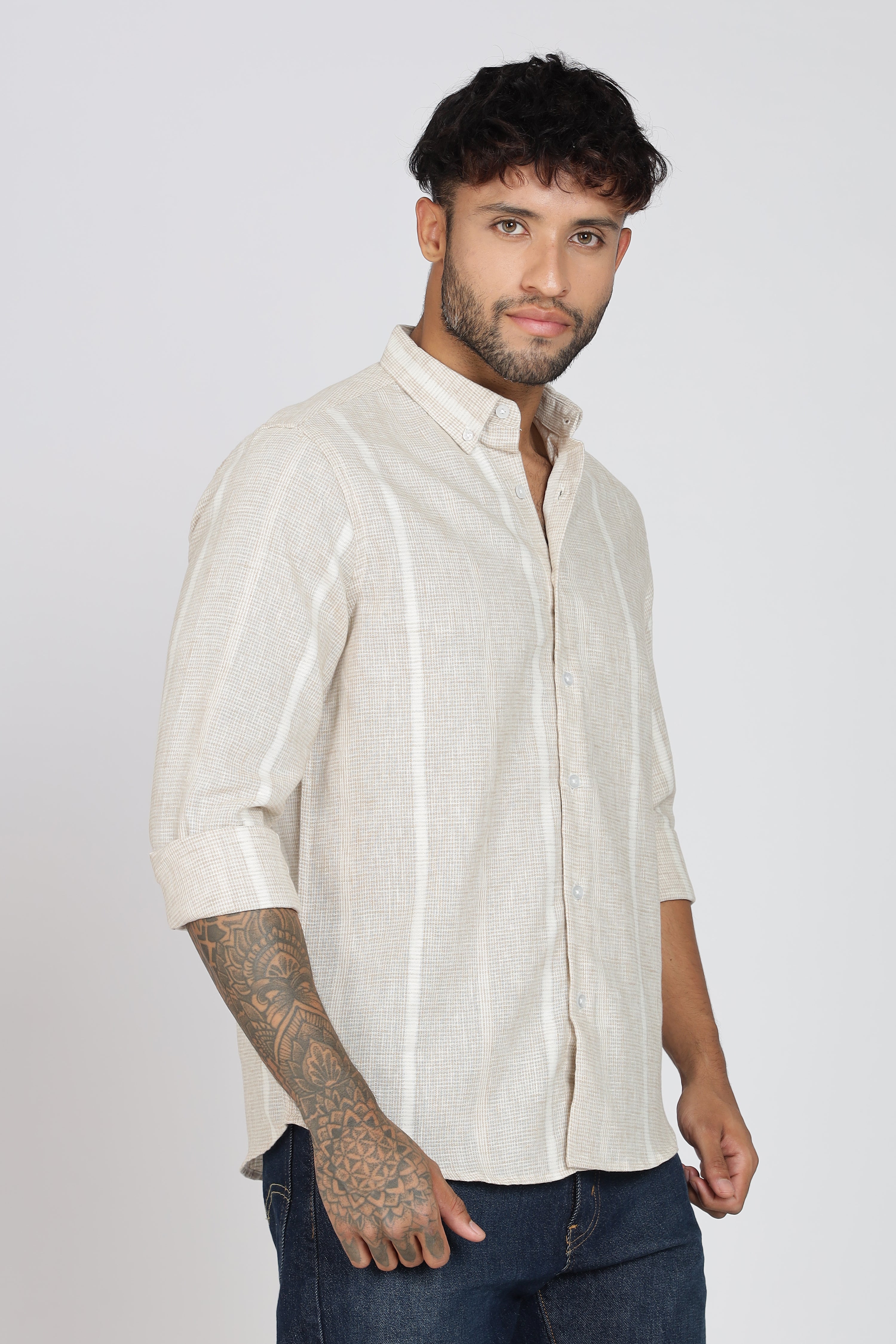 Men's Full Sleeves Stripped Lemon Shirt | Kinitted Fabric | Casual Wear