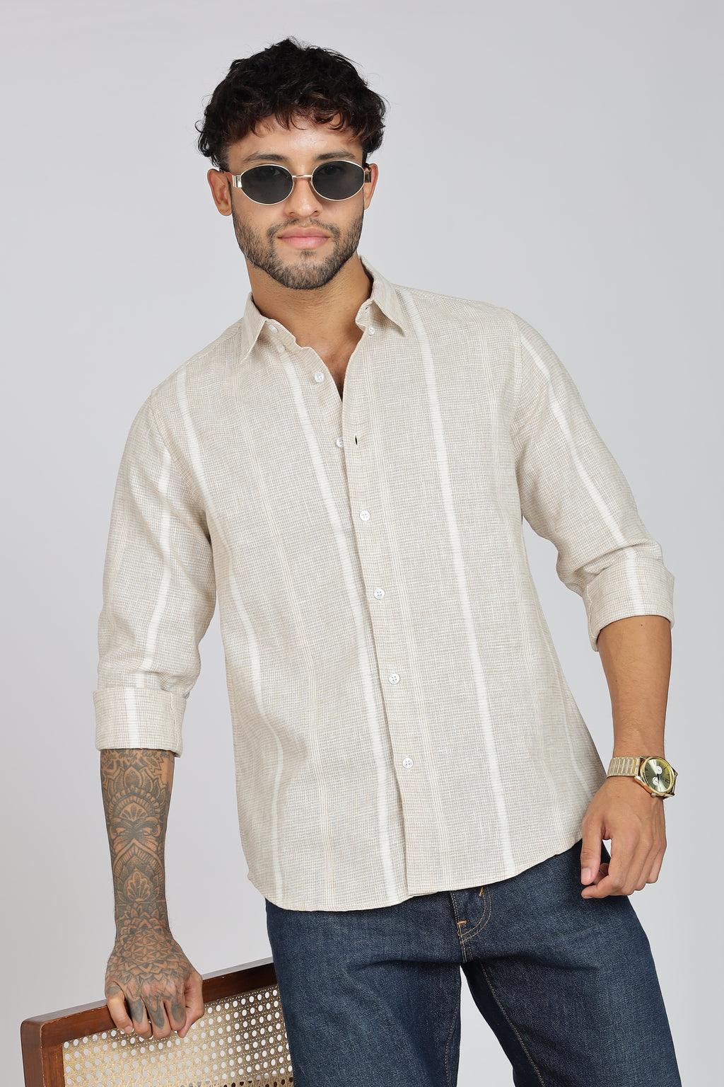 Men's Full Sleeves Stripped Lemon Shirt | Kinitted Fabric | Casual Wear