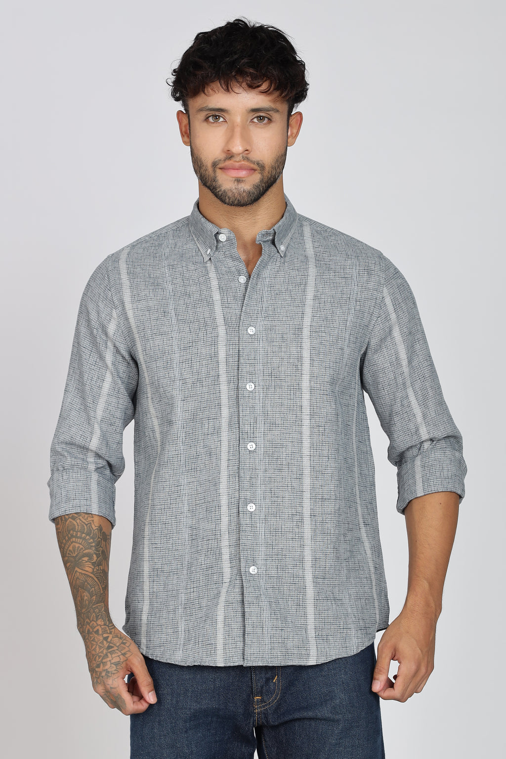 Men's Full Sleeves Stripped Blueish Green Shirt | Kinitted Fabric | Casual Wear