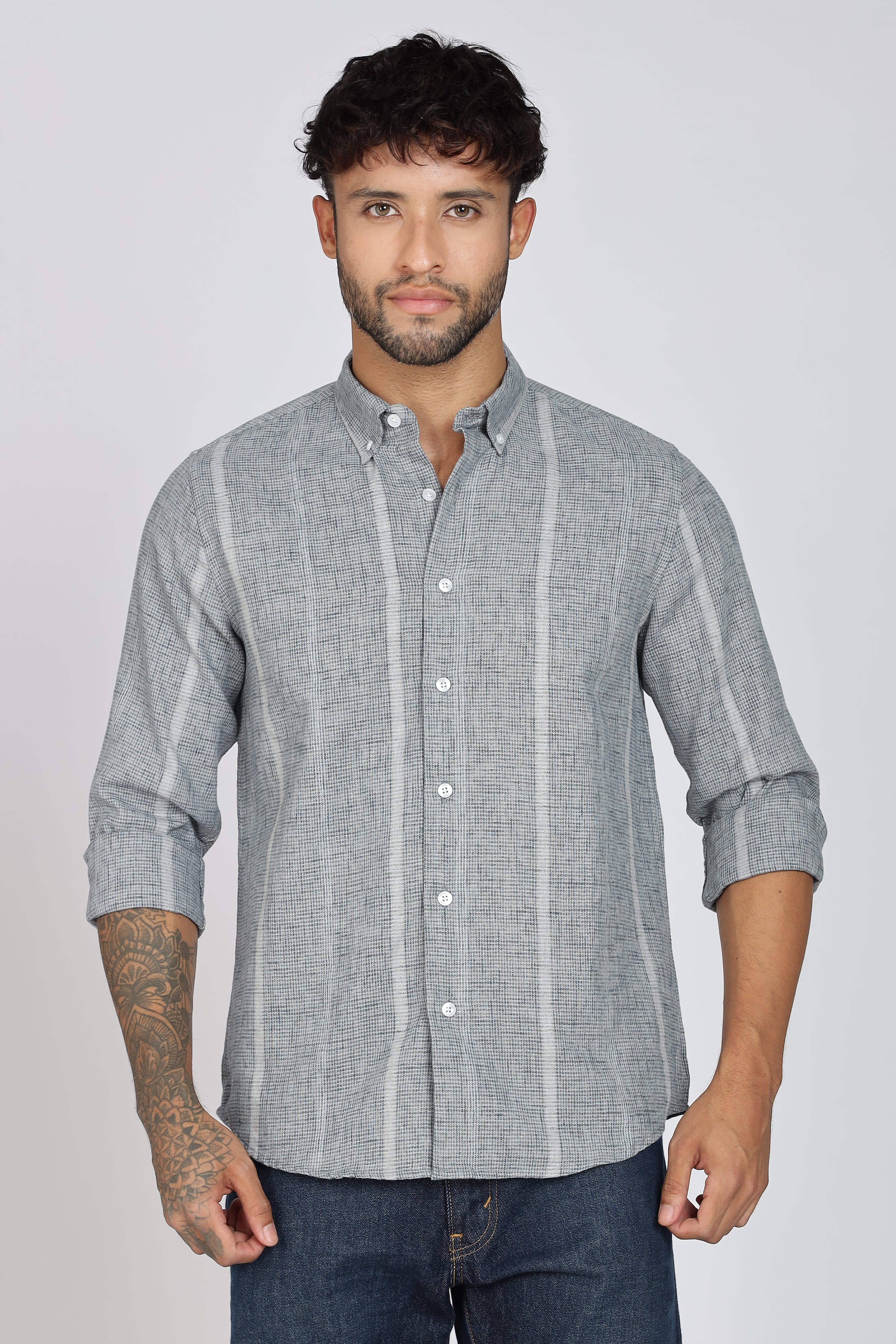 Men's Full Sleeves Stripped Blueish Green Shirt | Kinitted Fabric | Casual Wear