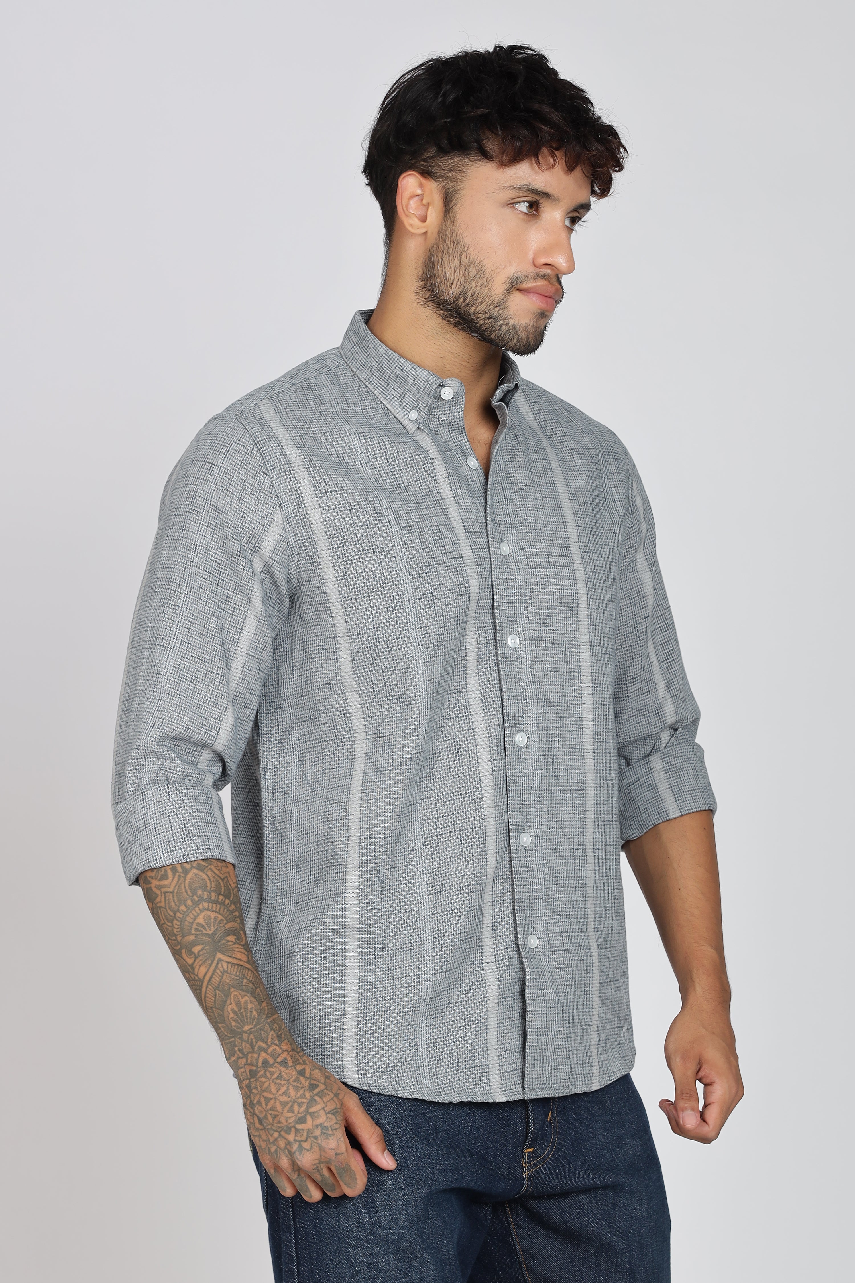 Men's Full Sleeves Stripped Blueish Green Shirt | Kinitted Fabric | Casual Wear