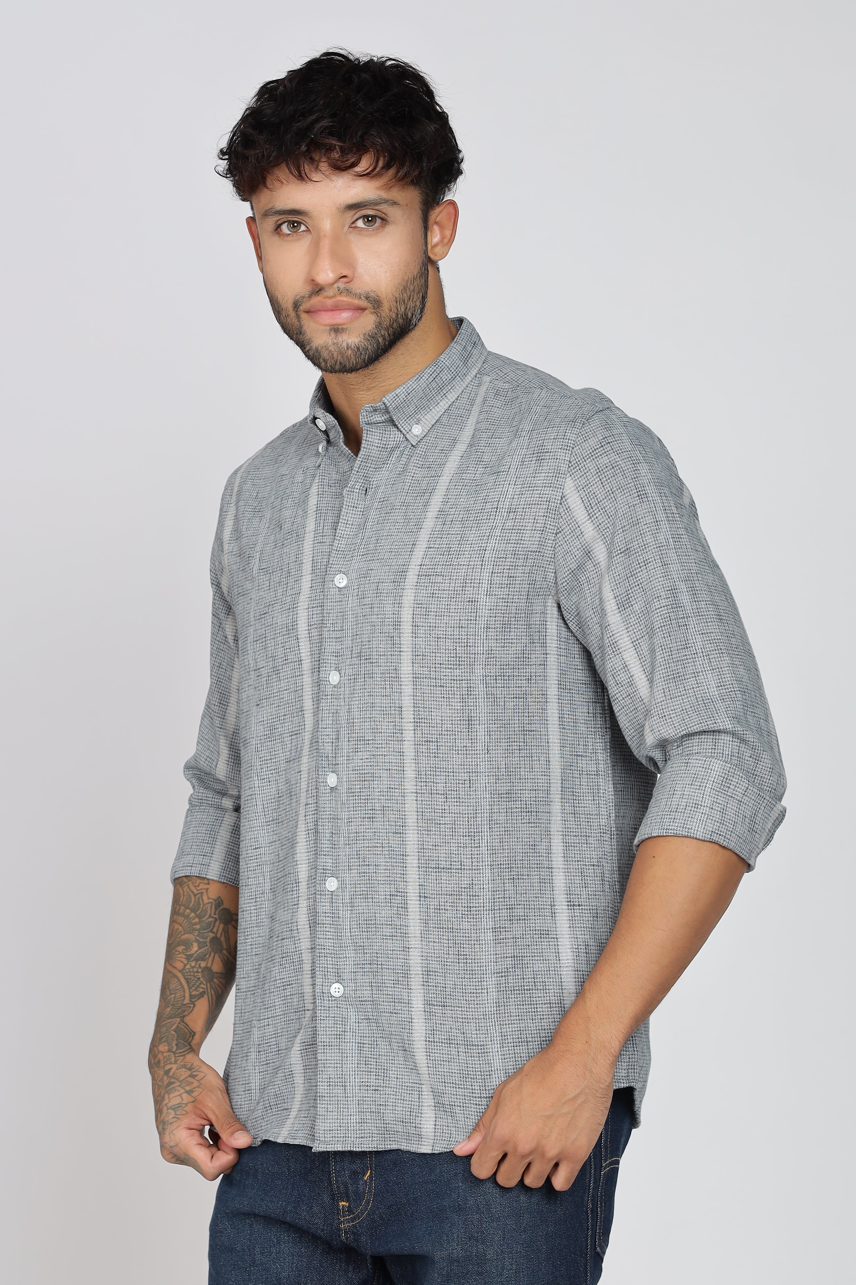 Men's Full Sleeves Stripped Blueish Green Shirt | Kinitted Fabric | Casual Wear