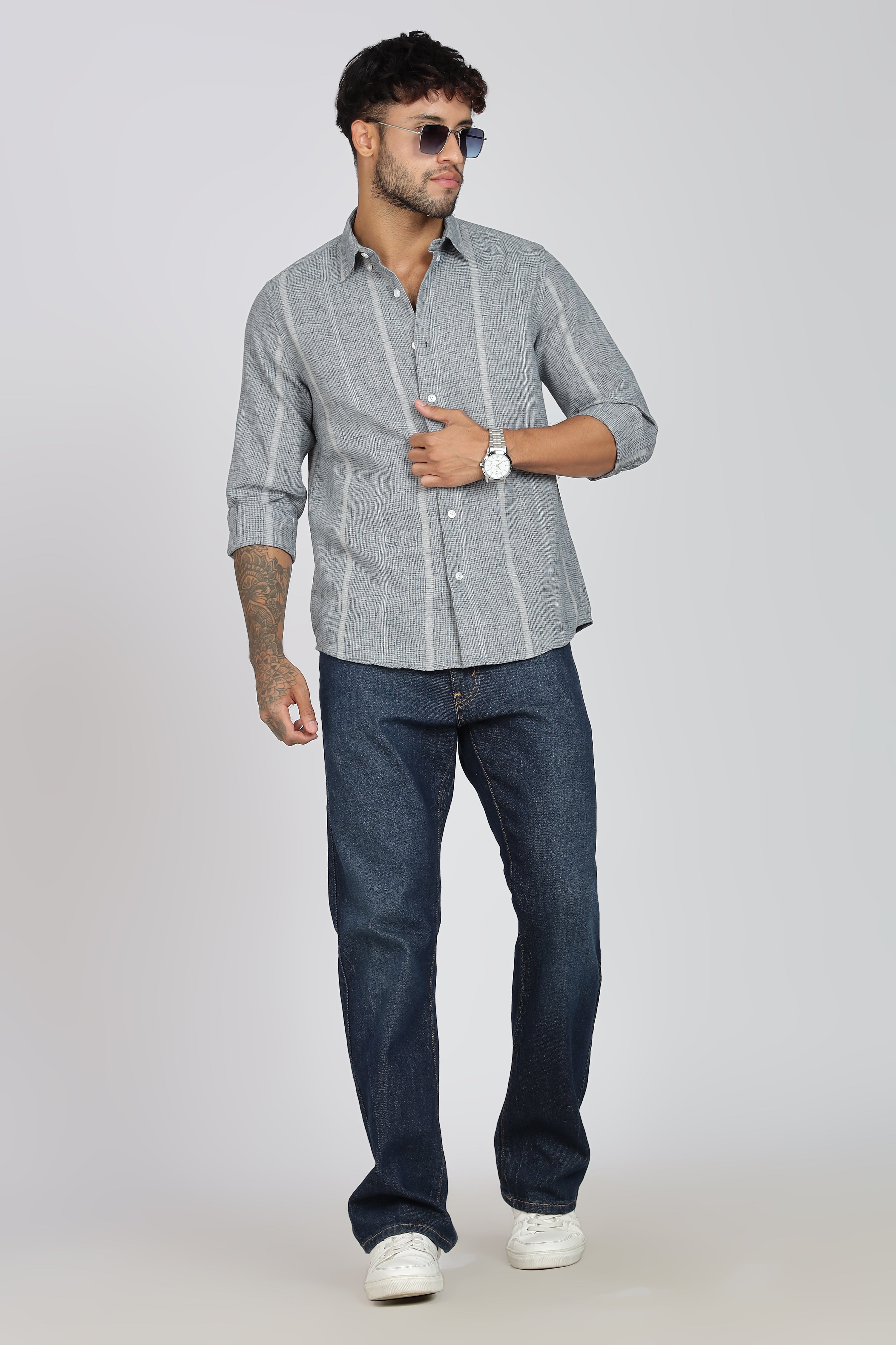 Men's Full Sleeves Stripped Blueish Green Shirt | Kinitted Fabric | Casual Wear