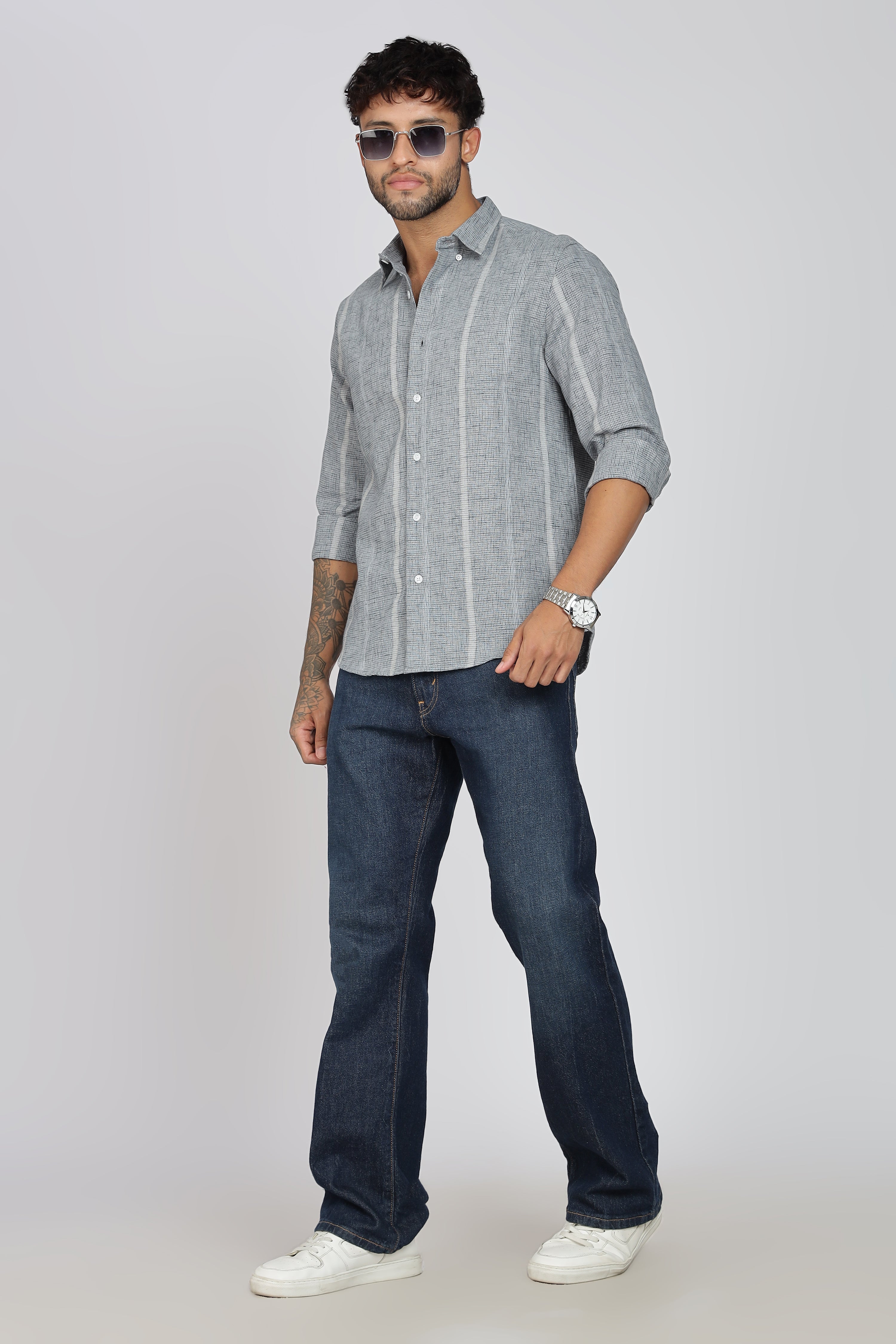 Men's Full Sleeves Stripped Blueish Green Shirt | Kinitted Fabric | Casual Wear