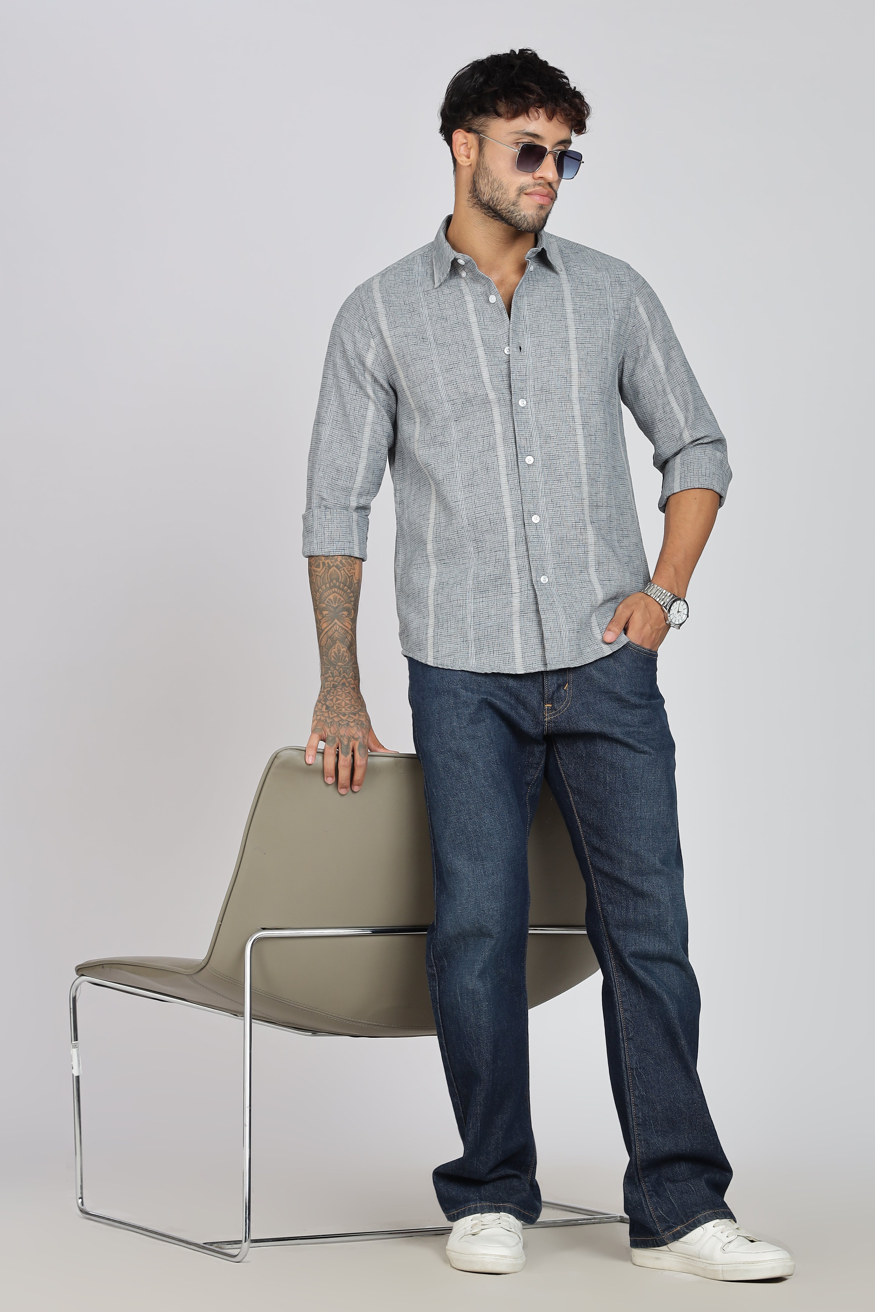 Men's Full Sleeves Stripped Blueish Green Shirt | Kinitted Fabric | Casual Wear