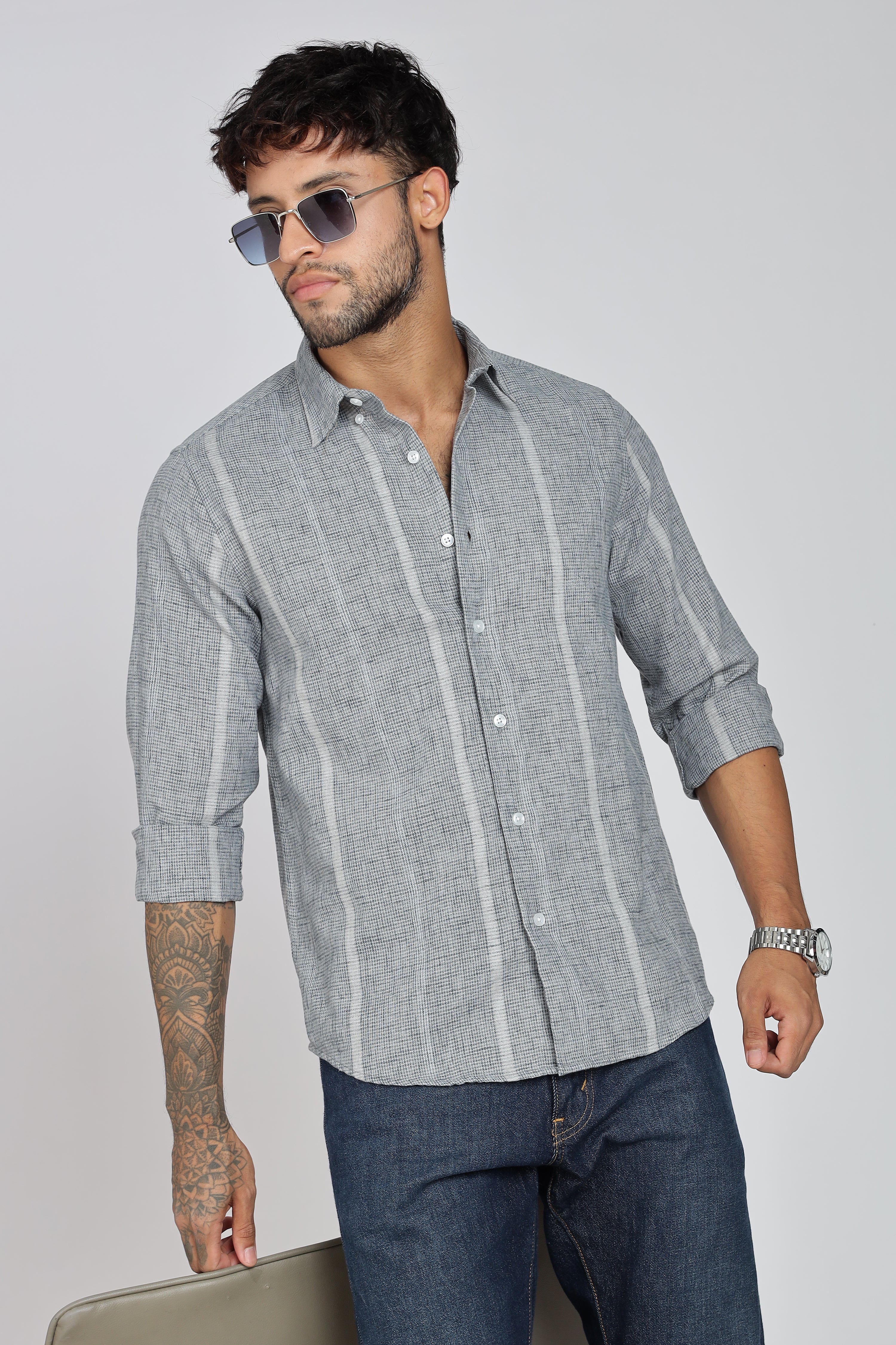 Men's Full Sleeves Stripped Blueish Green Shirt | Kinitted Fabric | Casual Wear