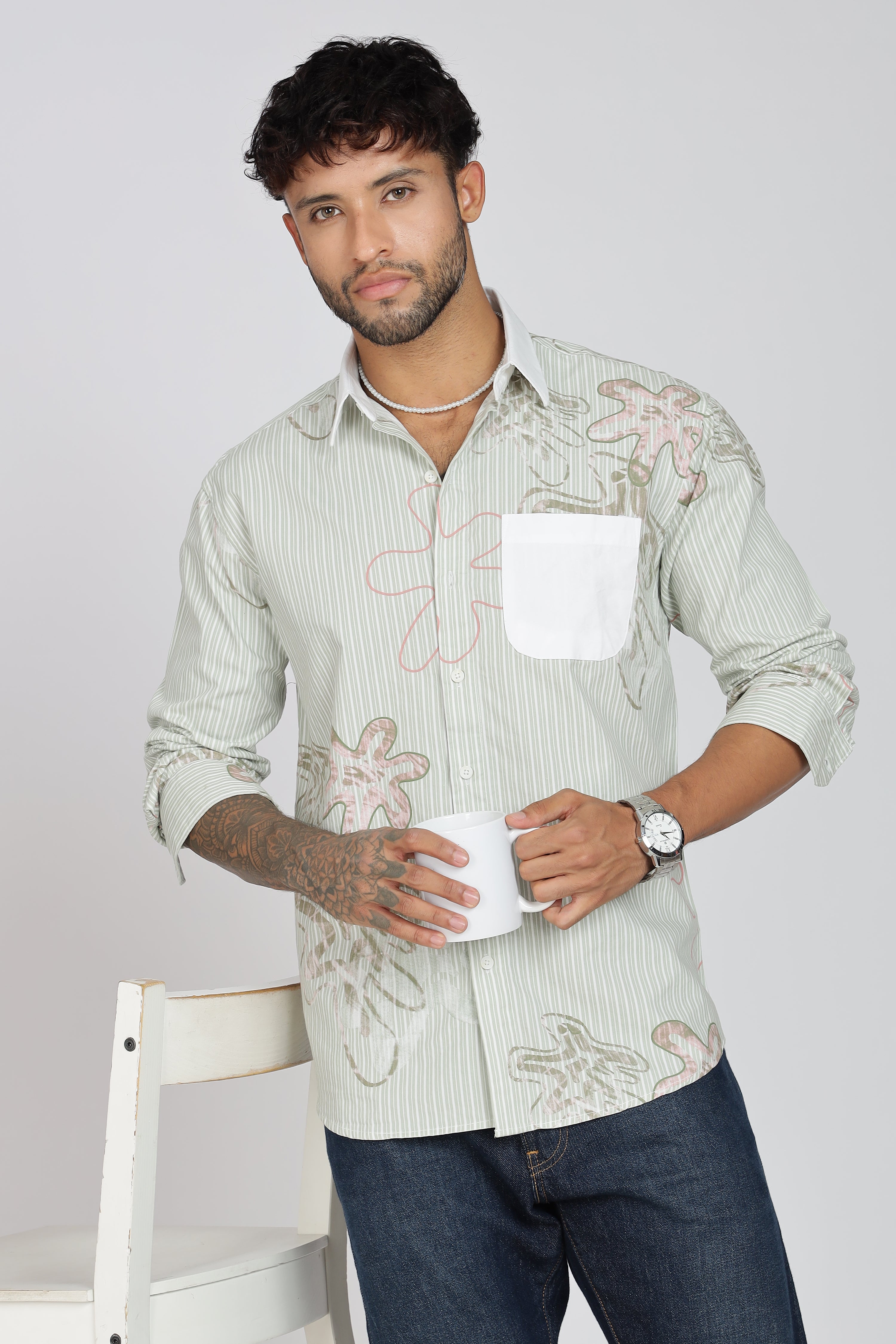 Men's Full Sleeves Light Green Shirt | Heavy Cotton Fabric| Beach & Holiday Wear