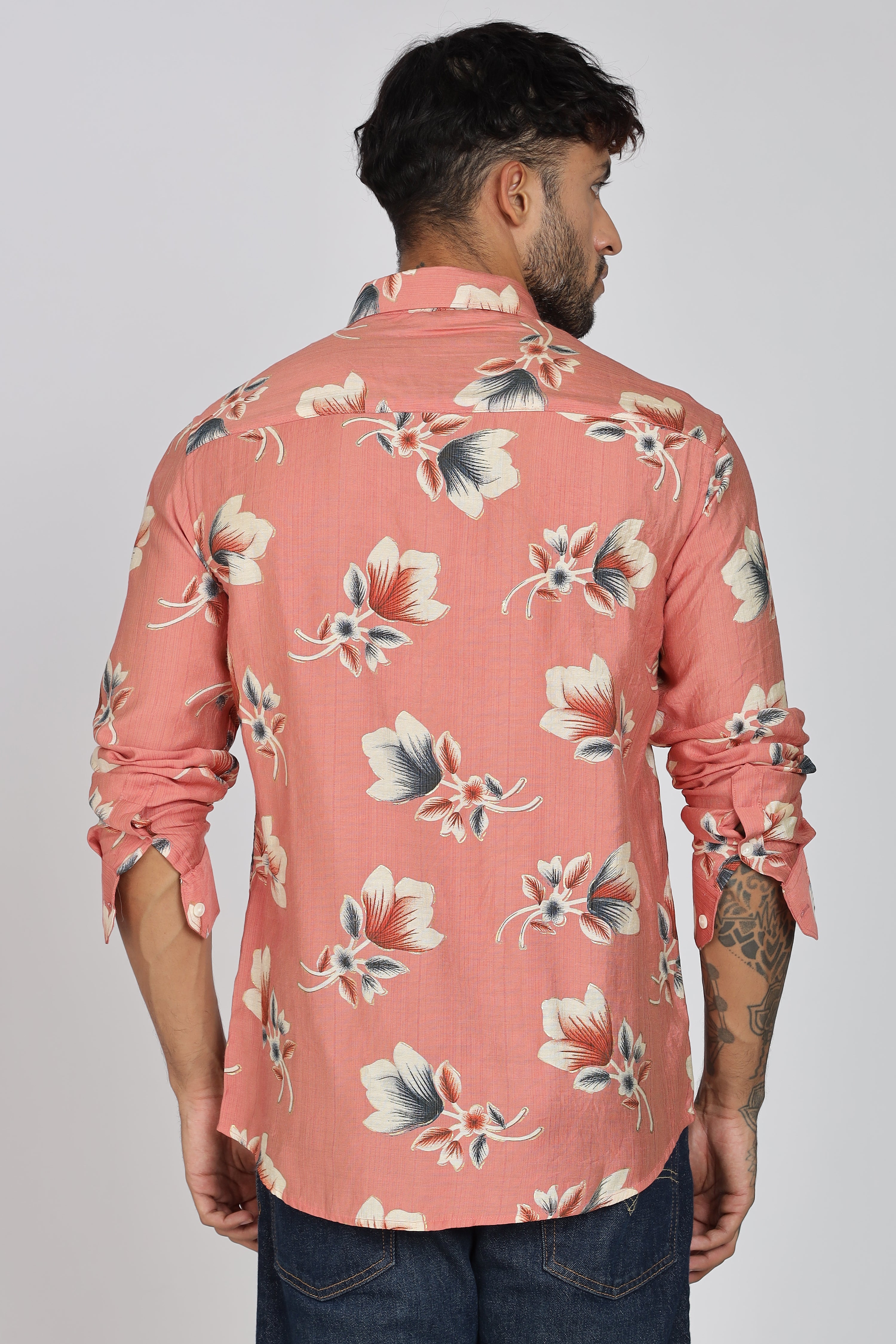 Men's Full Sleeves Floral Orange Shirt | Heavy Cotton Fabric| Beach & Holiday Wear