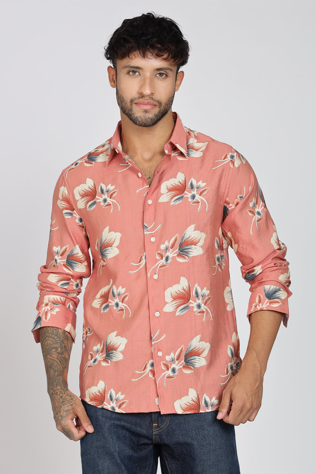 Men's Full Sleeves Floral Orange Shirt | Heavy Cotton Fabric| Beach & Holiday Wear