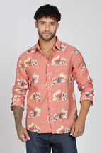 Men's Full Sleeves Floral Orange Shirt | Heavy Cotton Fabric| Beach & Holiday Wear