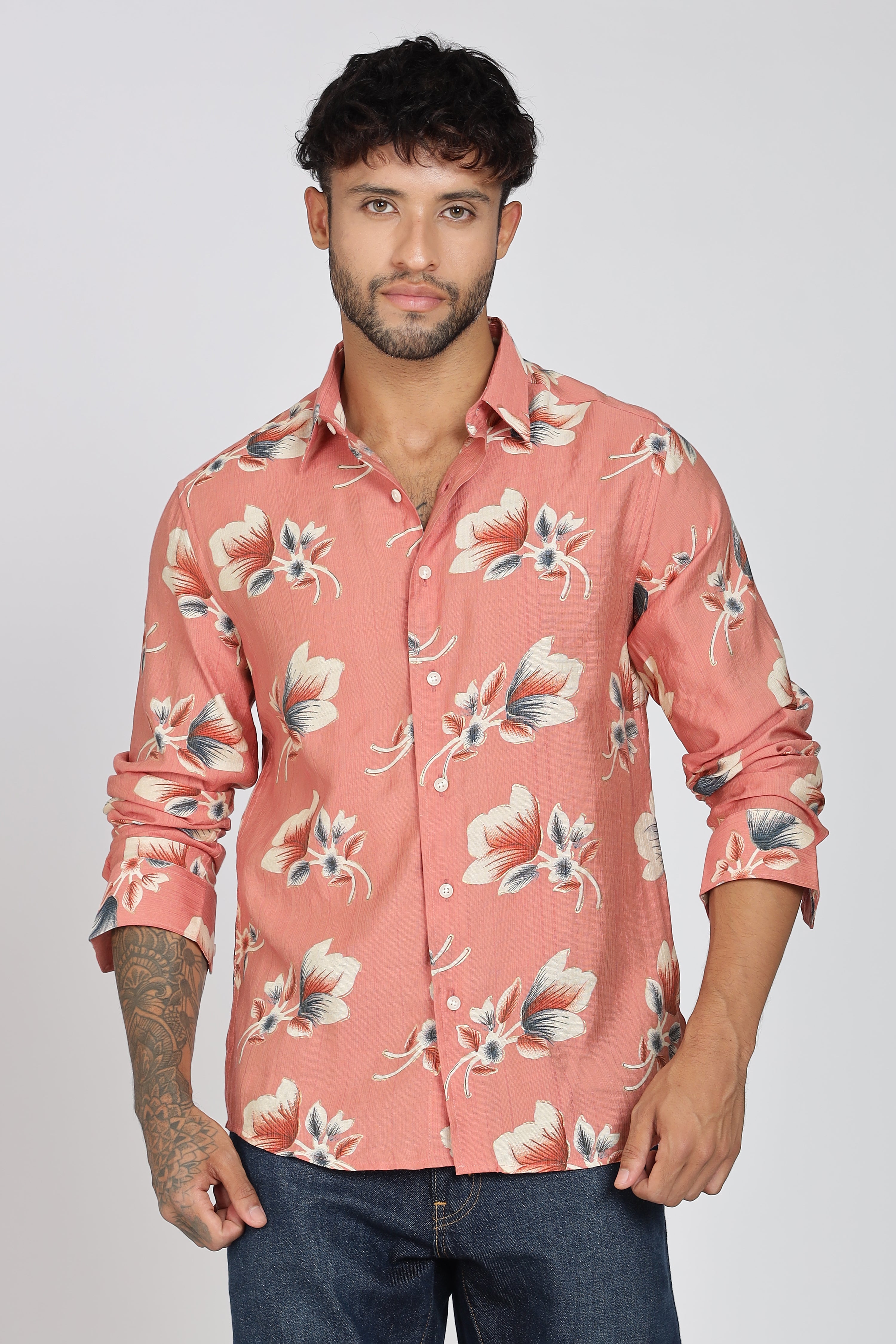 Men's Full Sleeves Floral Orange Shirt | Heavy Cotton Fabric| Beach & Holiday Wear