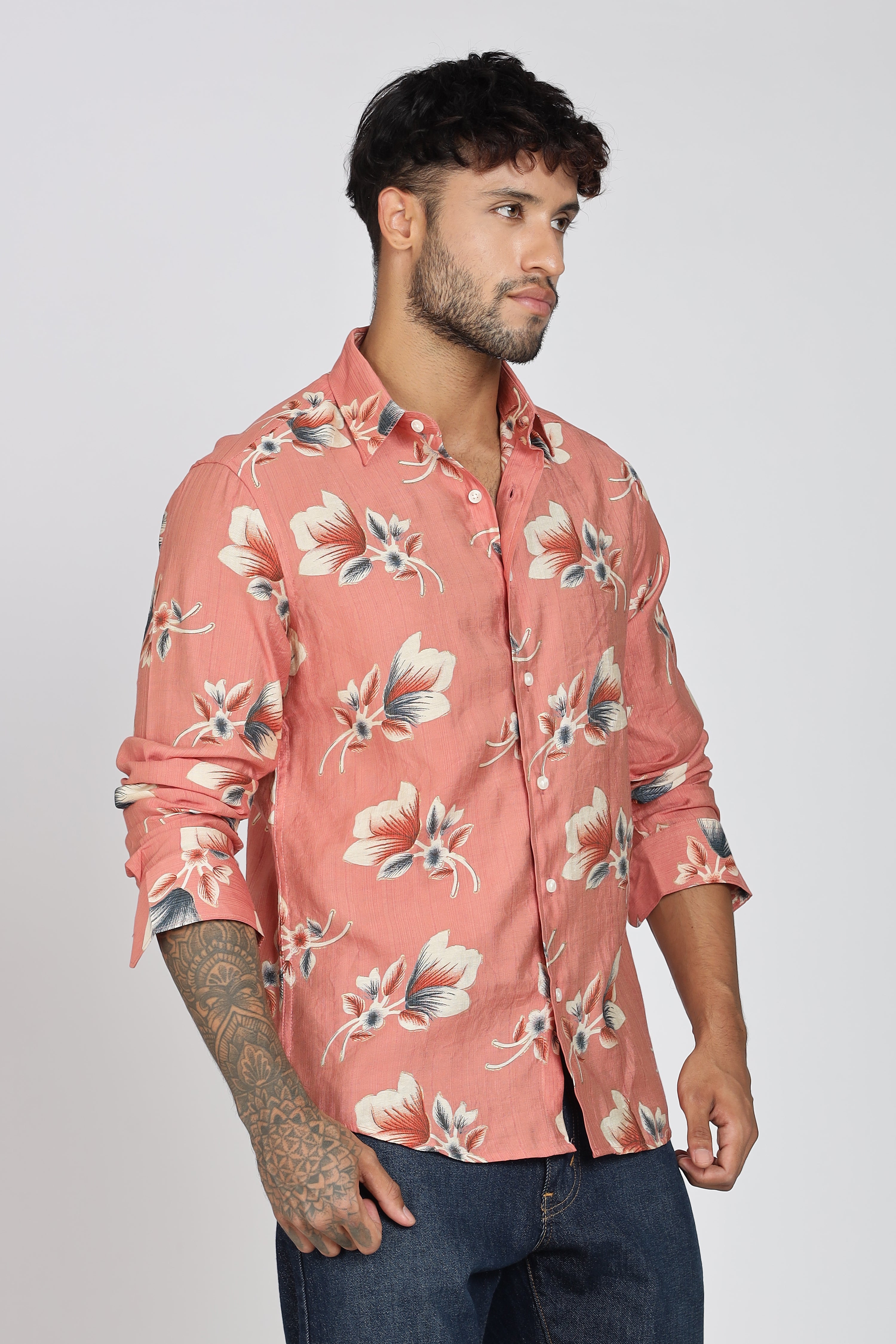 Men's Full Sleeves Floral Orange Shirt | Heavy Cotton Fabric| Beach & Holiday Wear