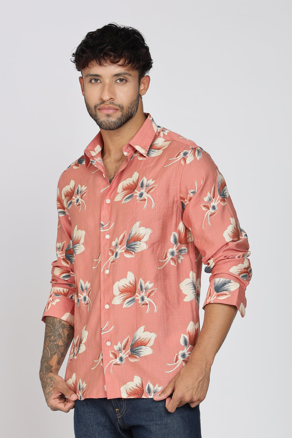 Men's Full Sleeves Floral Orange Shirt | Heavy Cotton Fabric| Beach & Holiday Wear