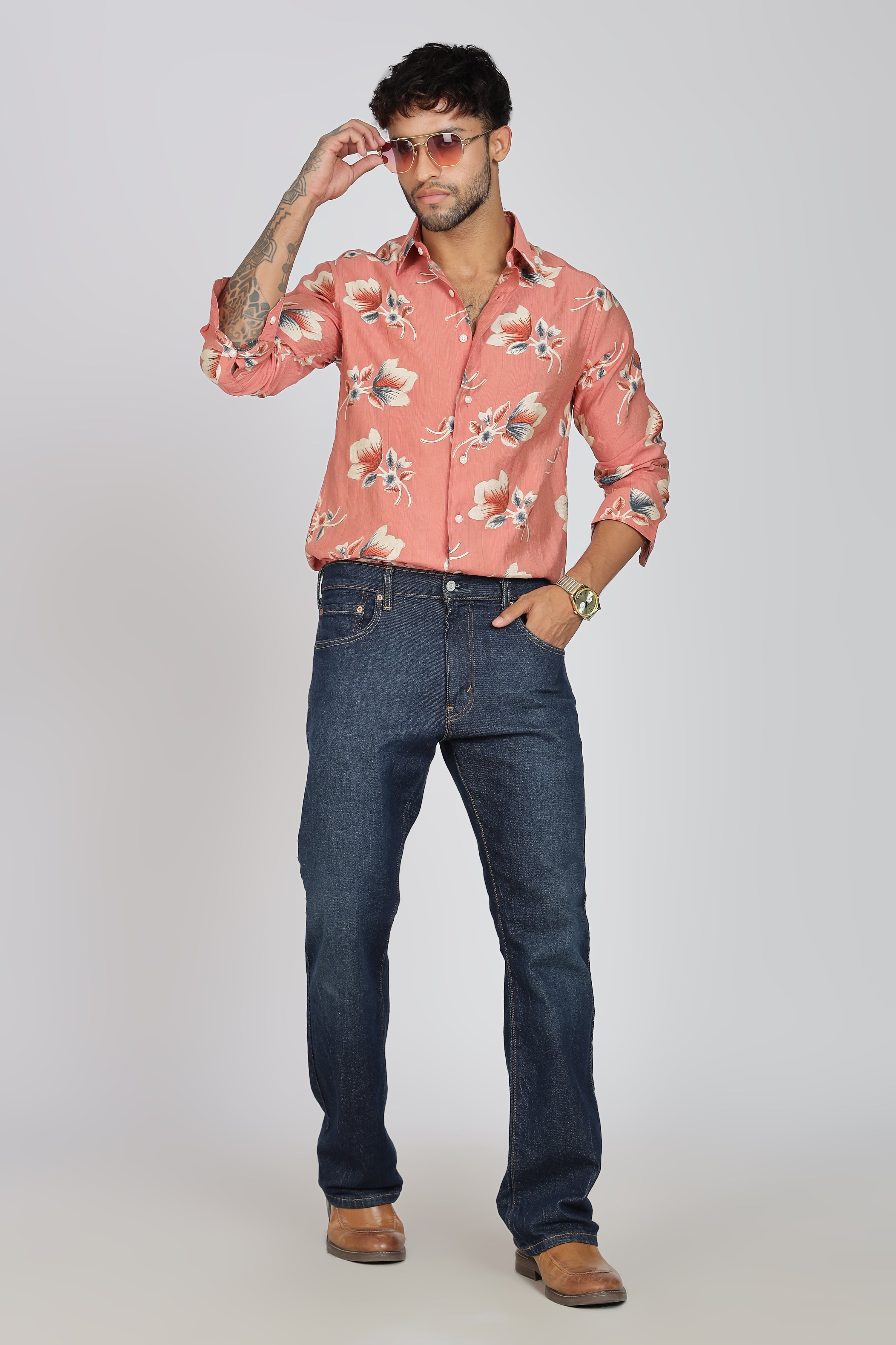 Men's Full Sleeves Floral Orange Shirt | Heavy Cotton Fabric| Beach & Holiday Wear