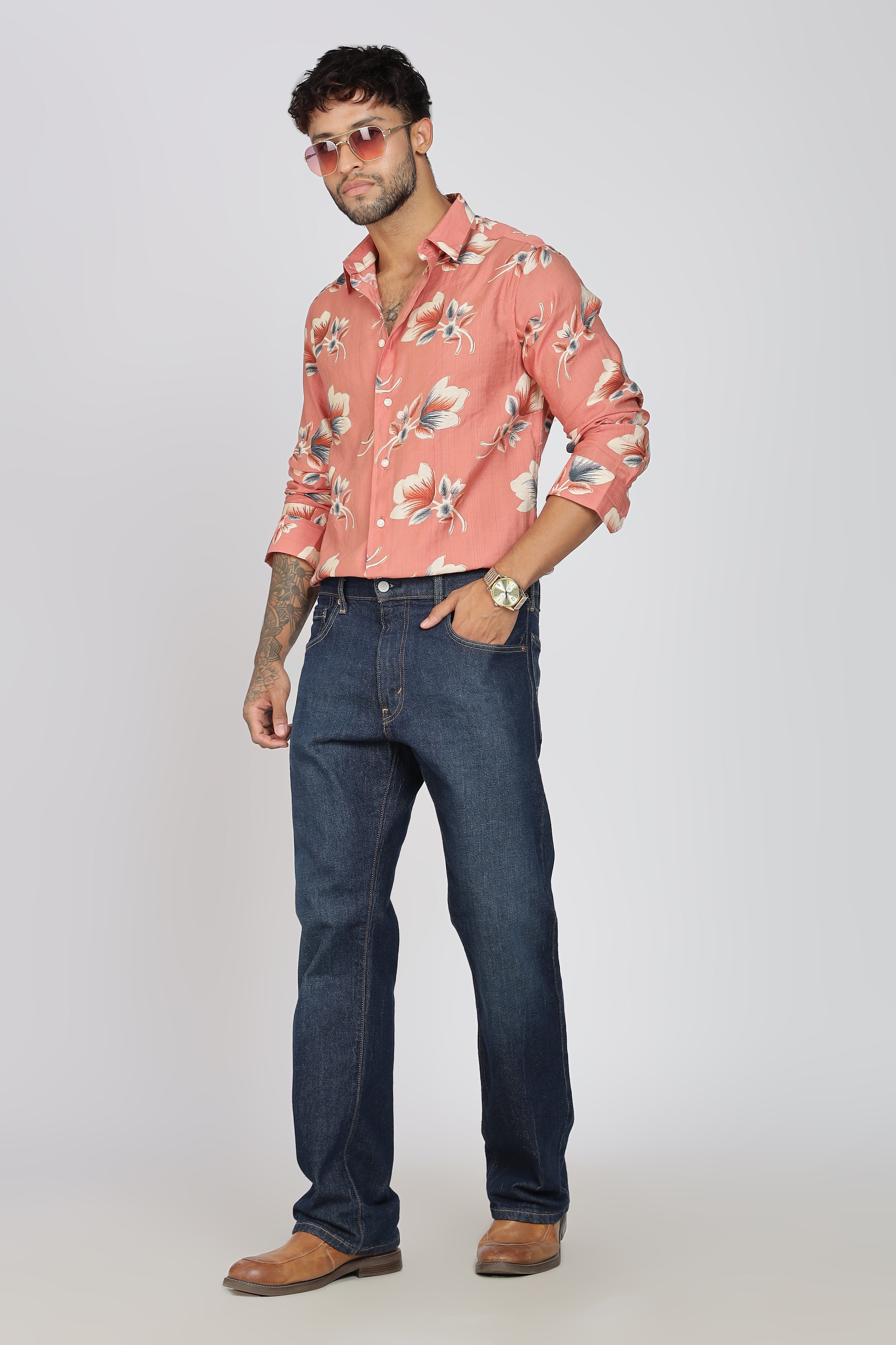 Men's Full Sleeves Floral Orange Shirt | Heavy Cotton Fabric| Beach & Holiday Wear