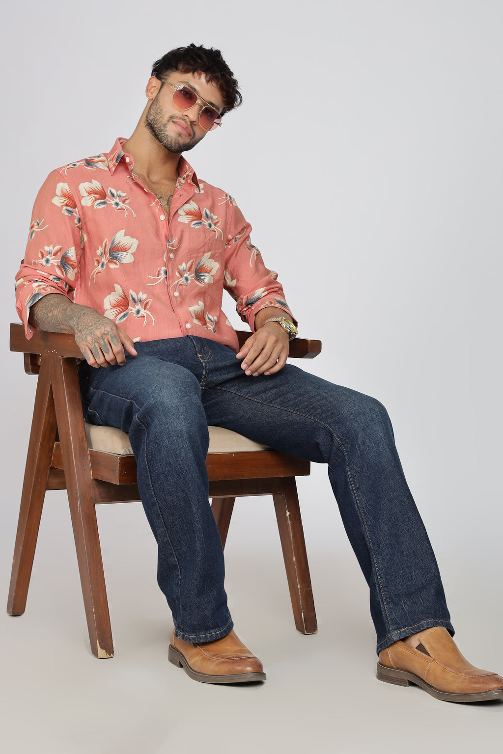 Men's Full Sleeves Floral Orange Shirt | Heavy Cotton Fabric| Beach & Holiday Wear