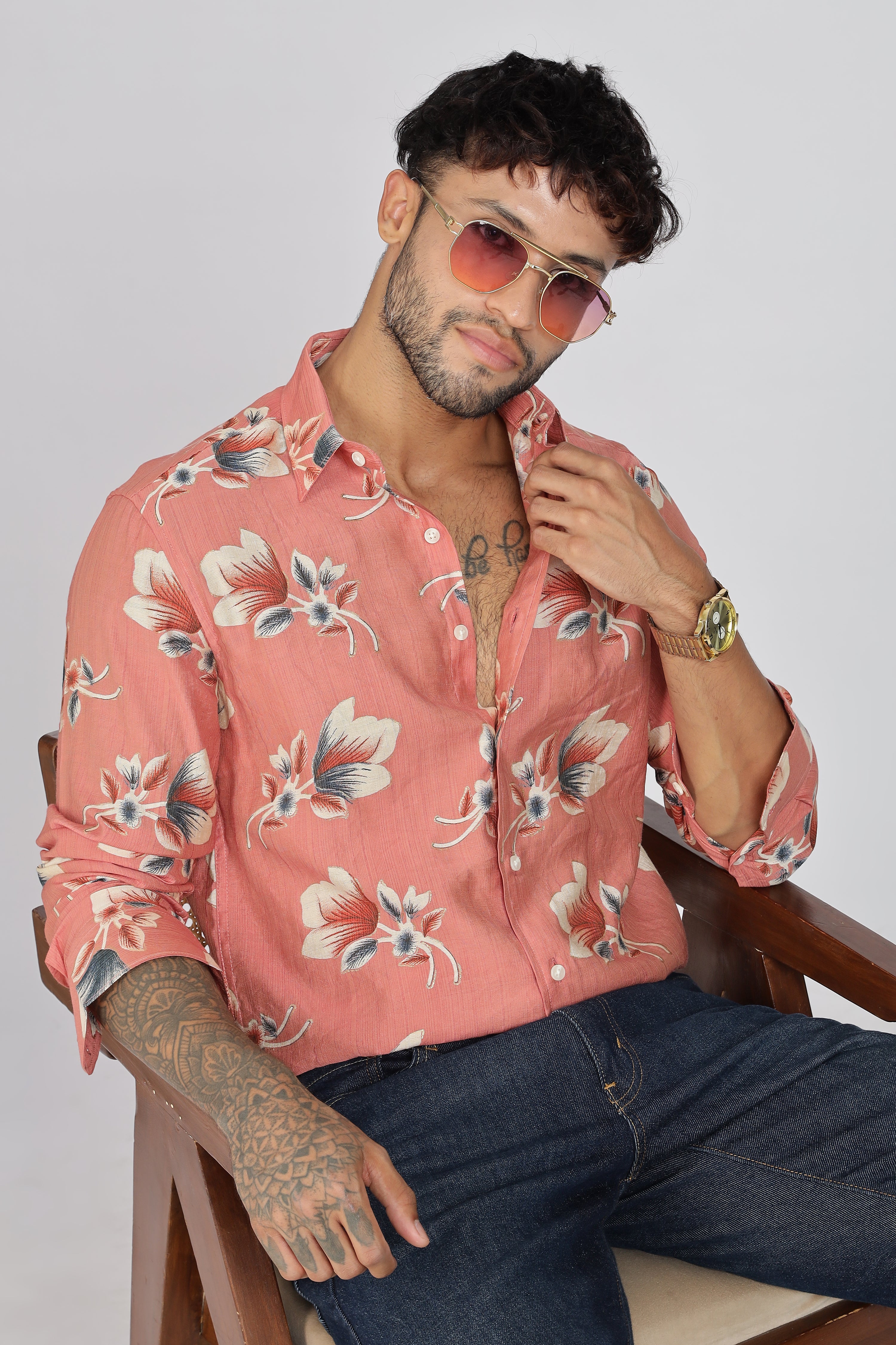 Men's Full Sleeves Floral Orange Shirt | Heavy Cotton Fabric| Beach & Holiday Wear