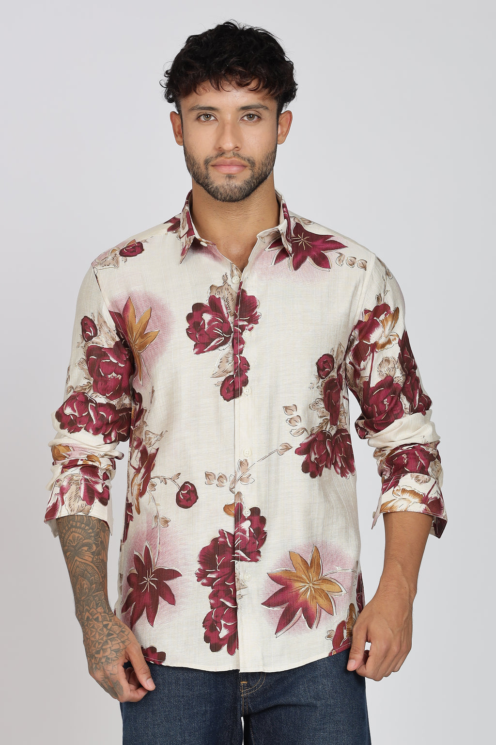 Men's Full Sleeves Lred Beige Shirt | Heavy Cotton Fabric| Beach & Holiday Wear