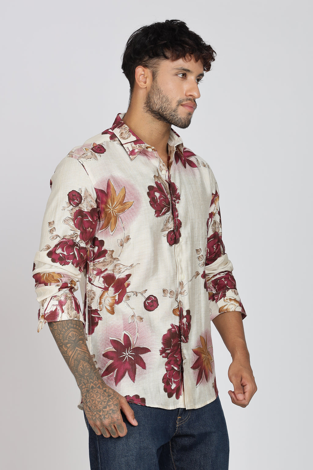 Men's Full Sleeves Lred Beige Shirt | Heavy Cotton Fabric| Beach & Holiday Wear