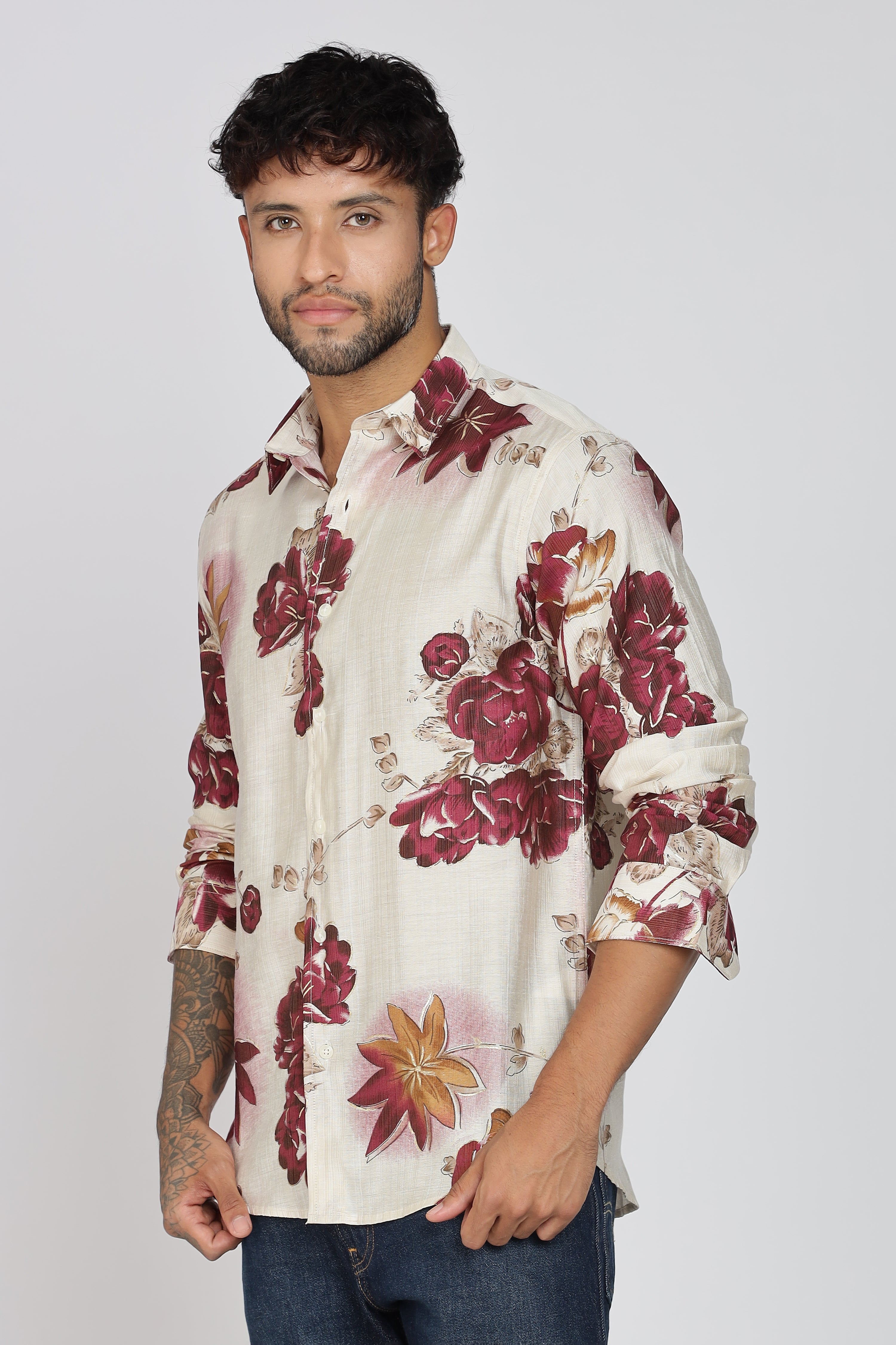 Men's Full Sleeves Lred Beige Shirt | Heavy Cotton Fabric| Beach & Holiday Wear