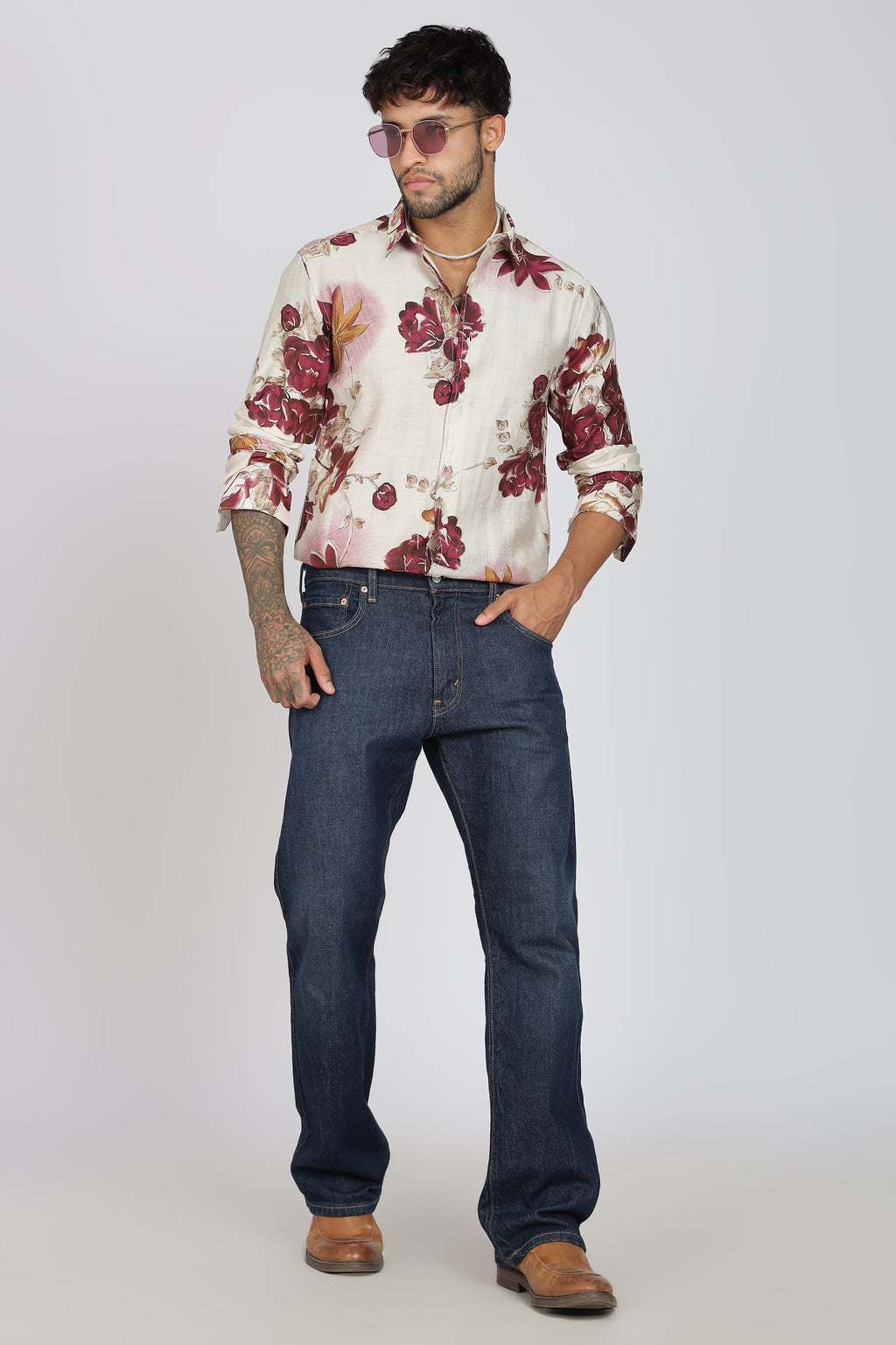 Men's Full Sleeves Lred Beige Shirt | Heavy Cotton Fabric| Beach & Holiday Wear