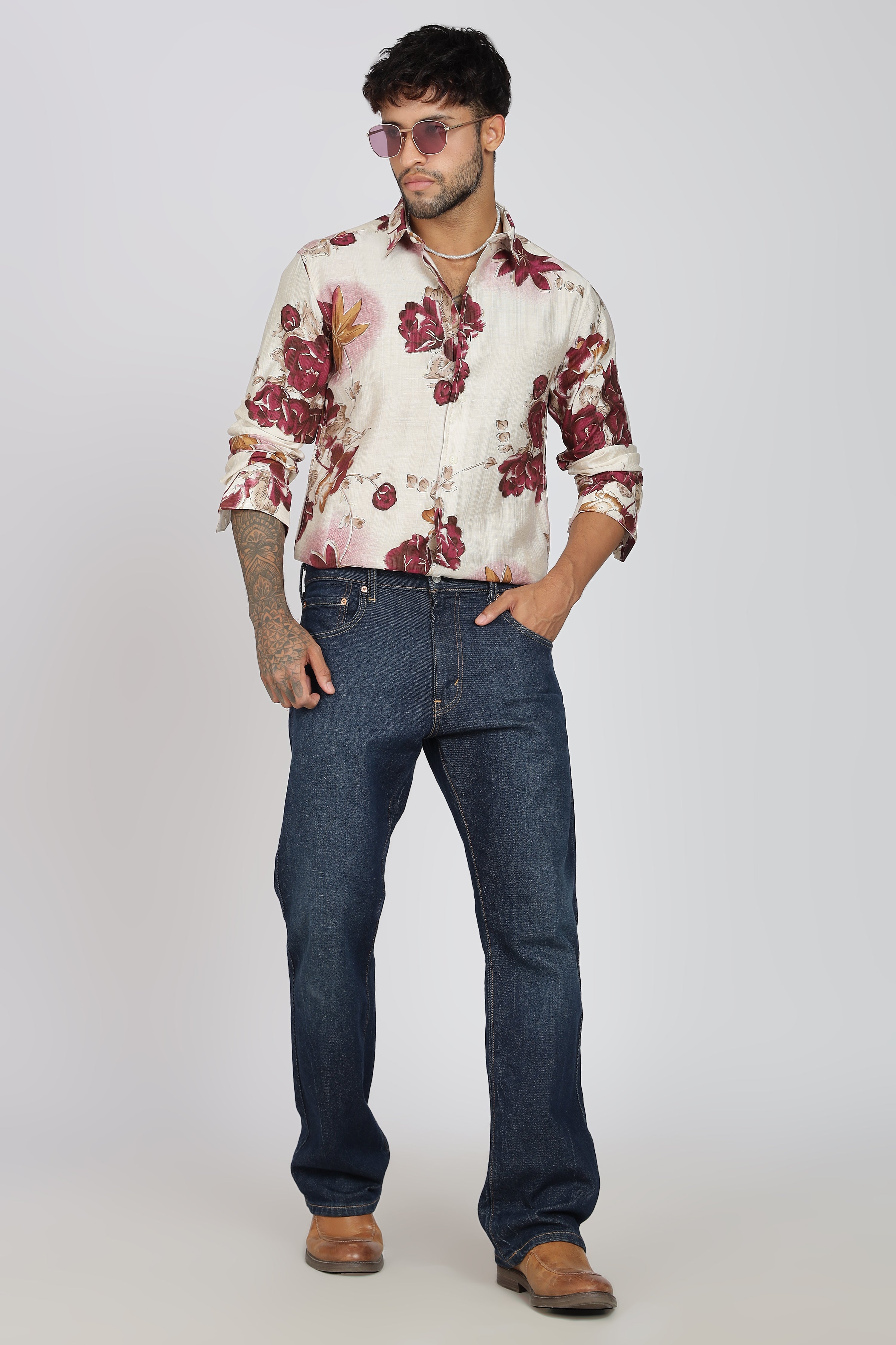 Men's Full Sleeves Lred Beige Shirt | Heavy Cotton Fabric| Beach & Holiday Wear