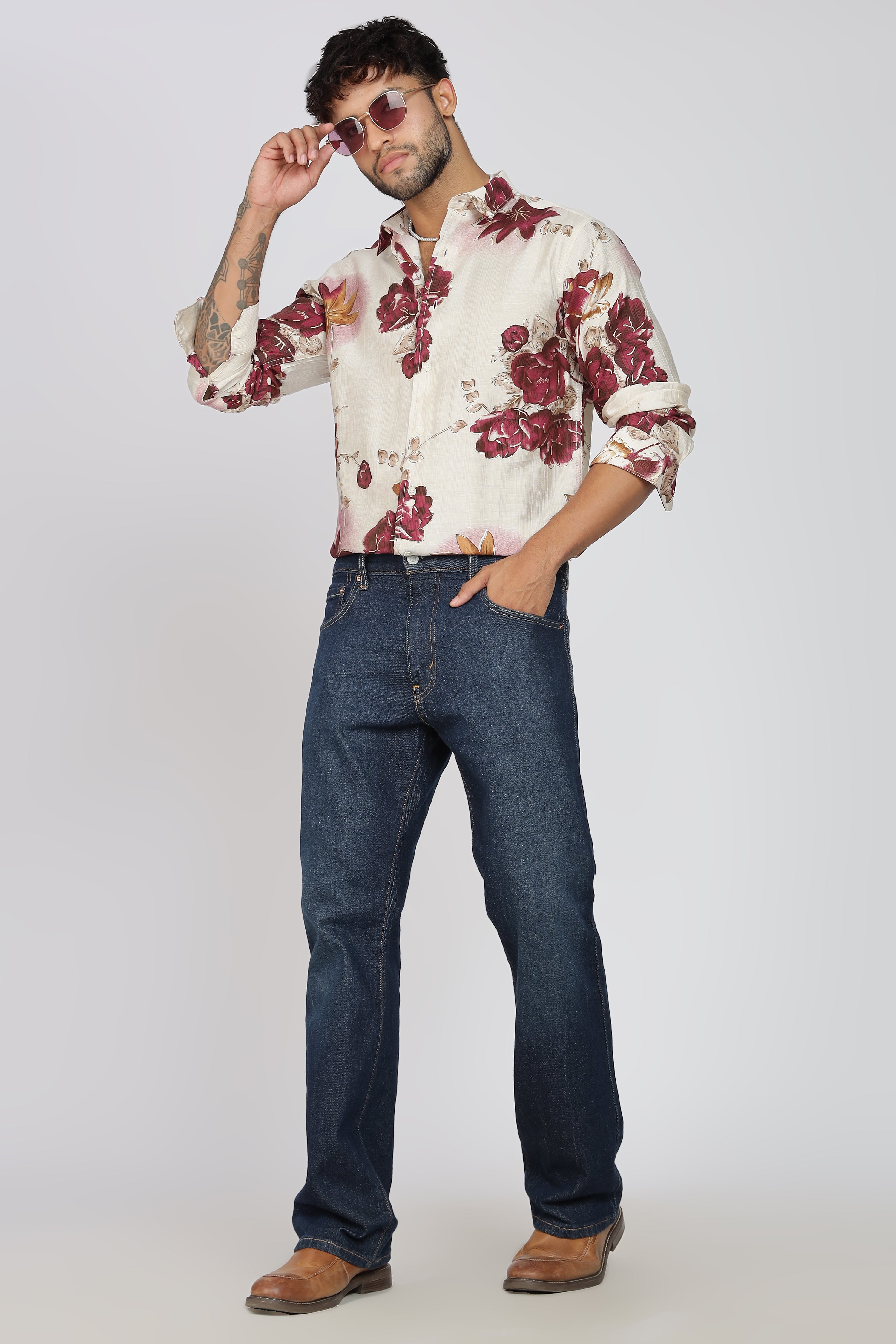 Men's Full Sleeves Lred Beige Shirt | Heavy Cotton Fabric| Beach & Holiday Wear