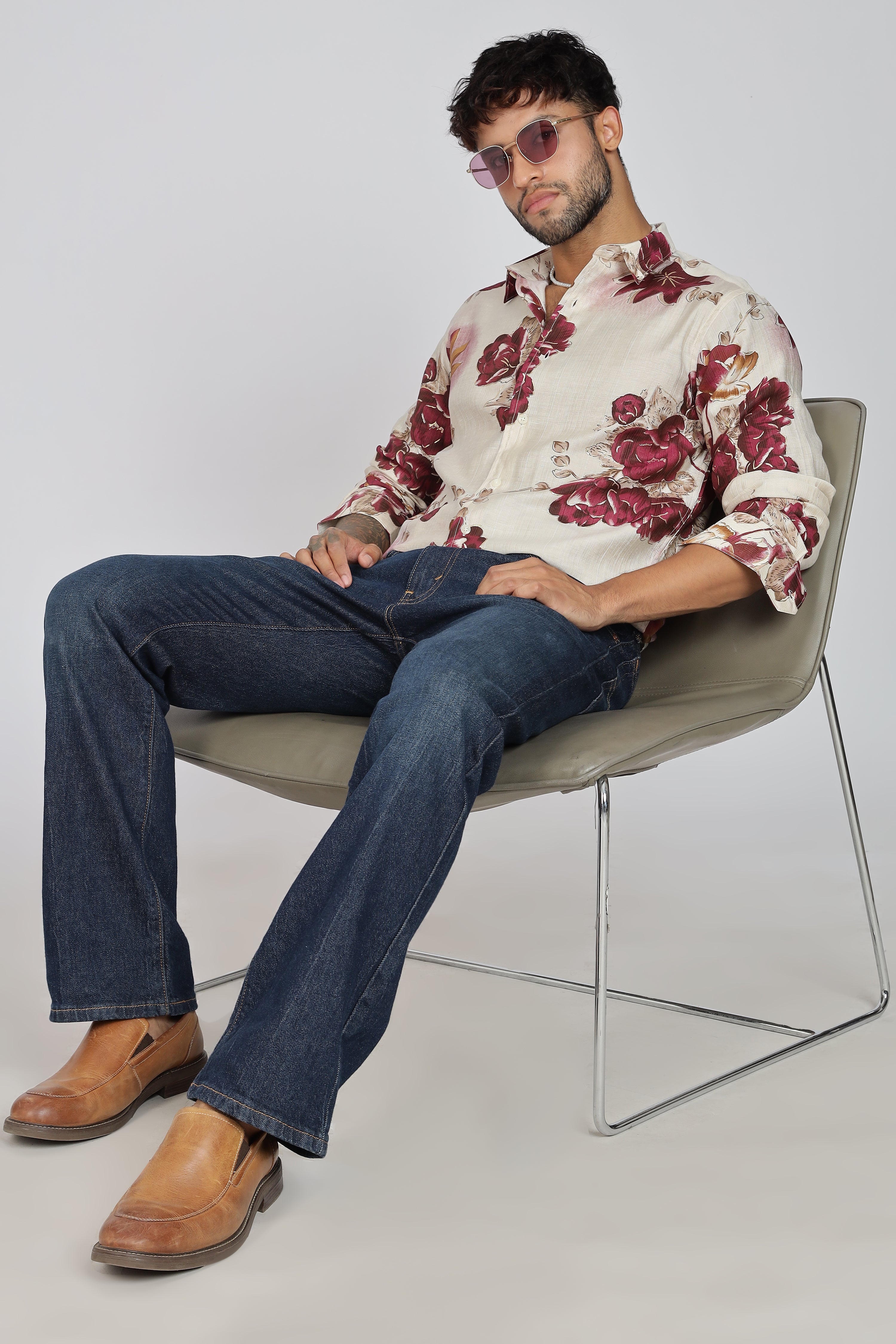 Men's Full Sleeves Lred Beige Shirt | Heavy Cotton Fabric| Beach & Holiday Wear