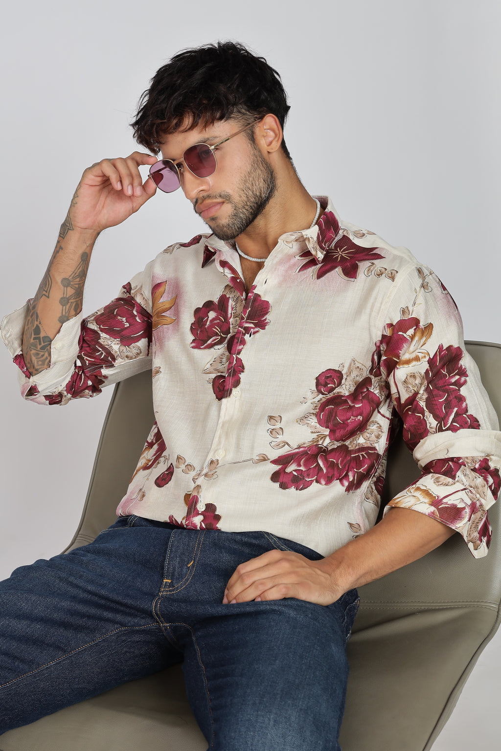 Men's Full Sleeves Lred Beige Shirt | Heavy Cotton Fabric| Beach & Holiday Wear