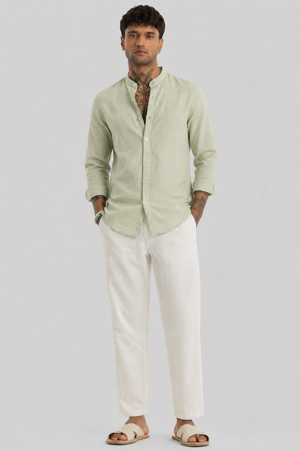 Linen Blend Mandarin Collar Pista  Shirt