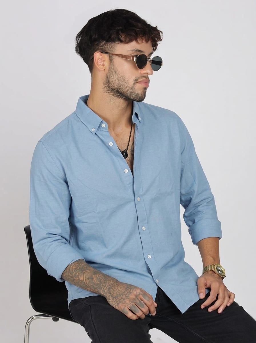 Men’s Full Sleeves Plain Sky Blue Shirt| Imported Linen Fabric| Formal & Party Wear