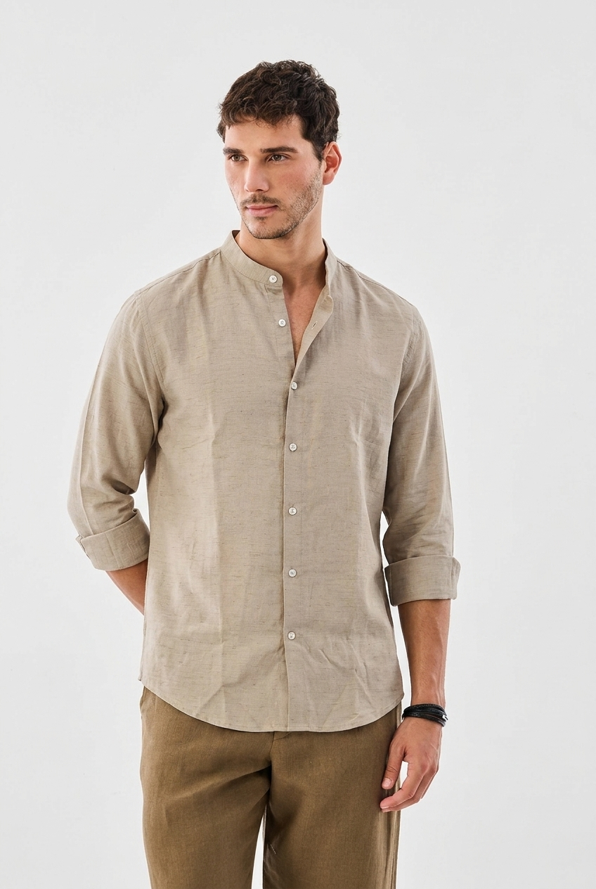 Linen Blend Mandarin Collar Tan colour  Shirt