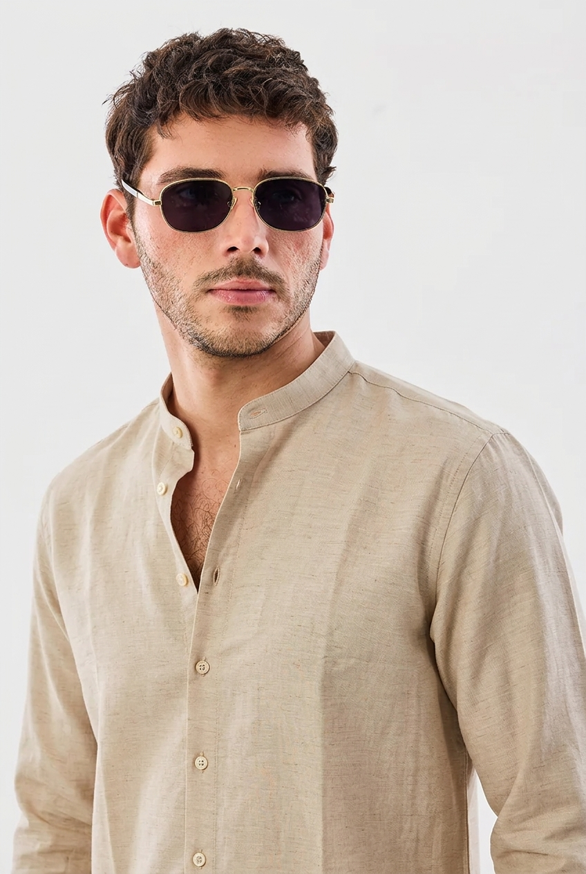 Linen Blend Mandarin Collar Tan colour  Shirt