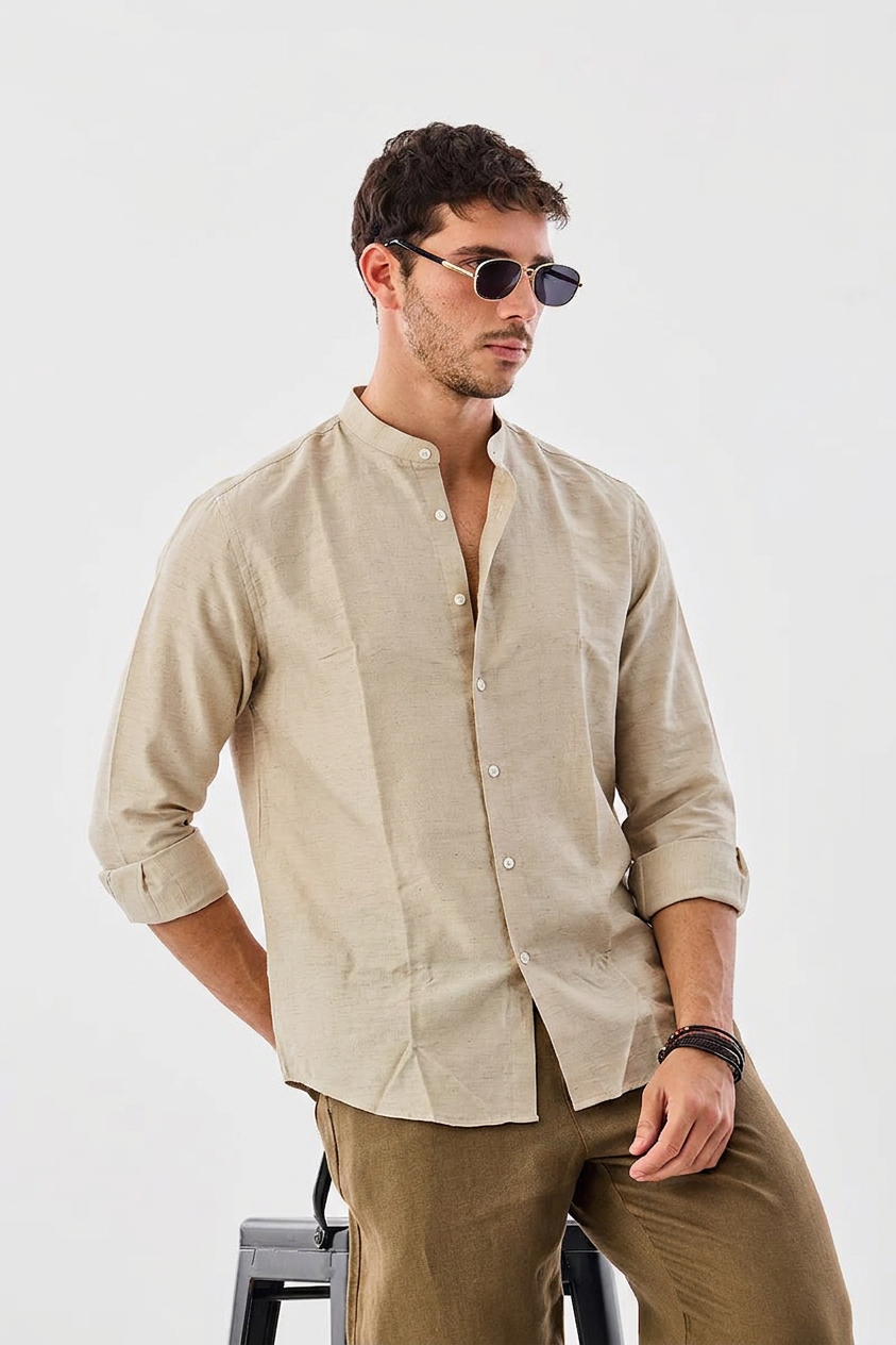 Linen Blend Mandarin Collar Tan colour  Shirt