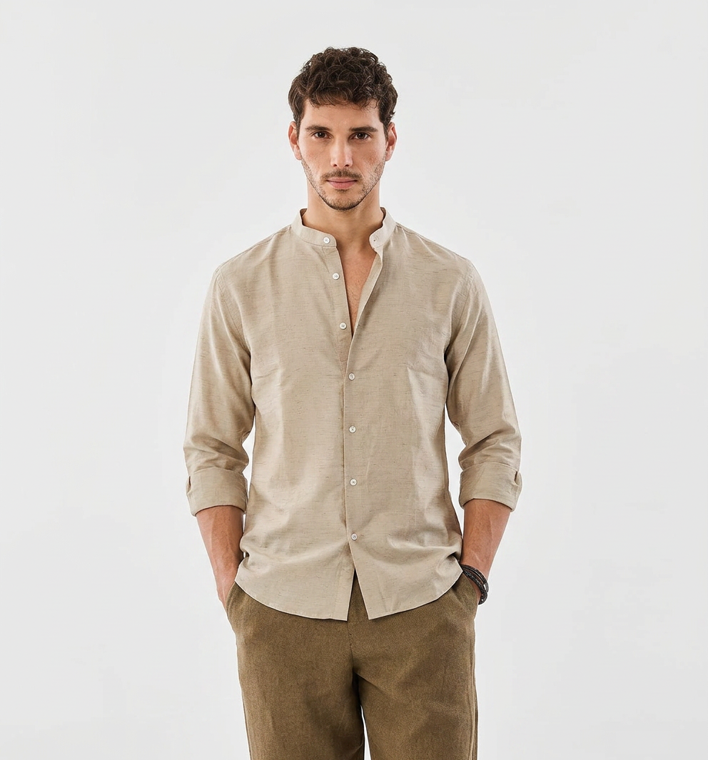 Linen Blend Mandarin Collar Tan colour  Shirt