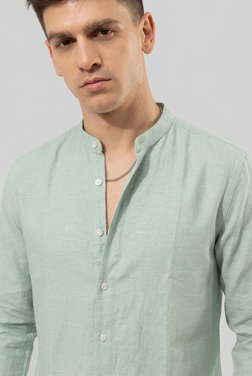 Linen Blend Mandarin Collar Sea Green Shirt